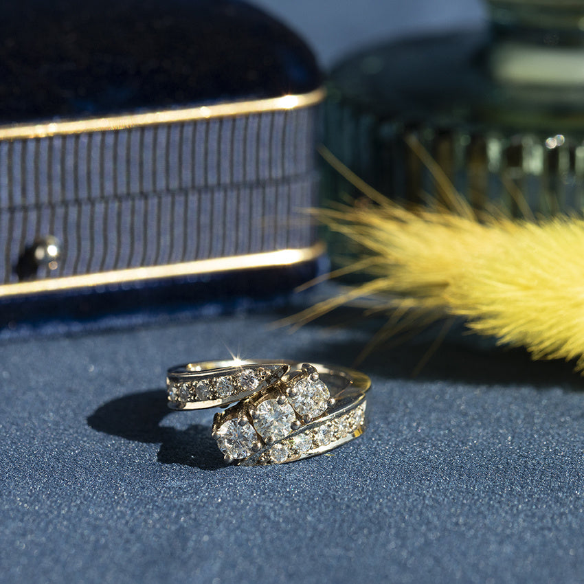 Witgouden vintage slag ring met diamant 14 krt