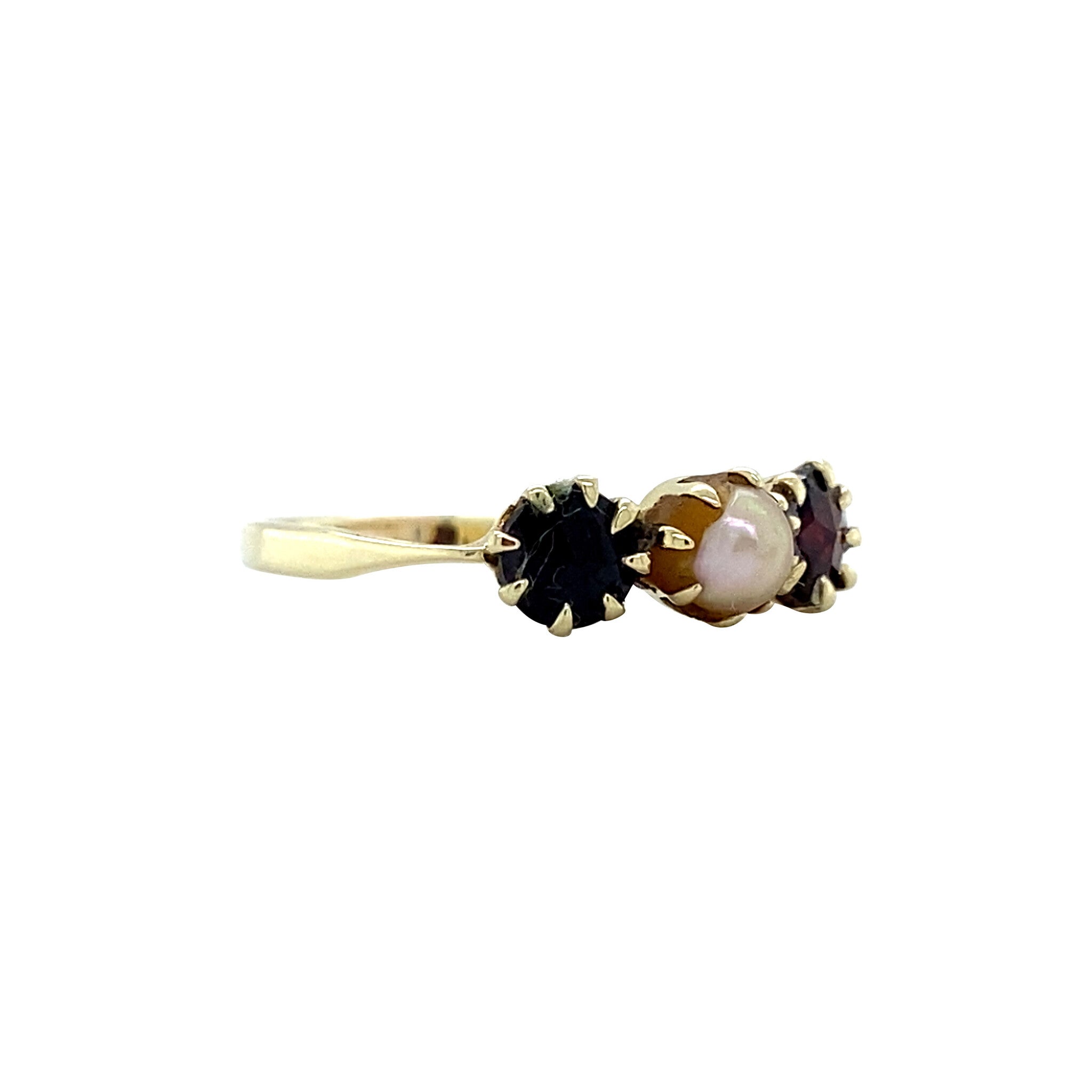 Gouden vintage ring met parel en granaat 14 krt