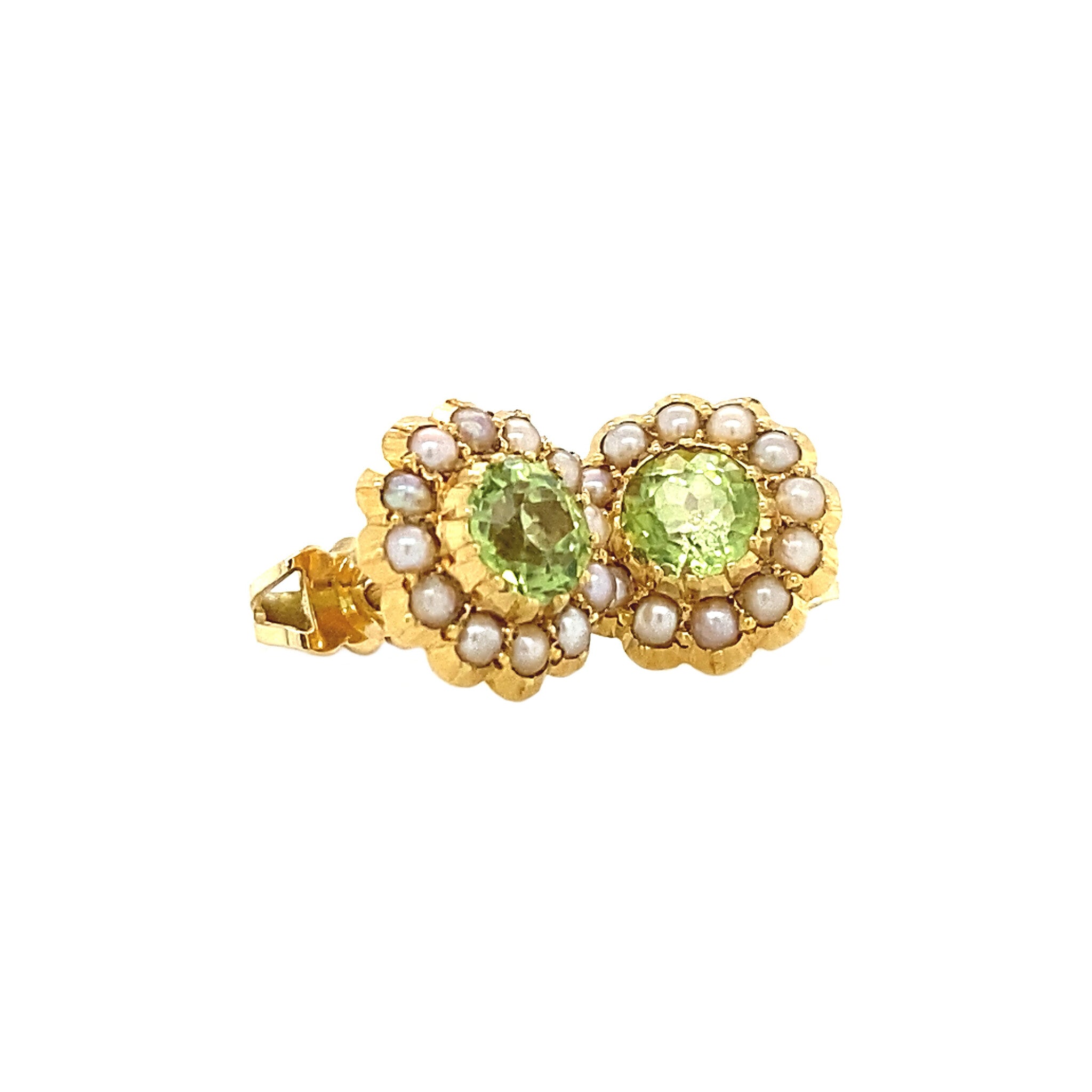 Gold entourage ear studs with peridote and pearl 14 krt