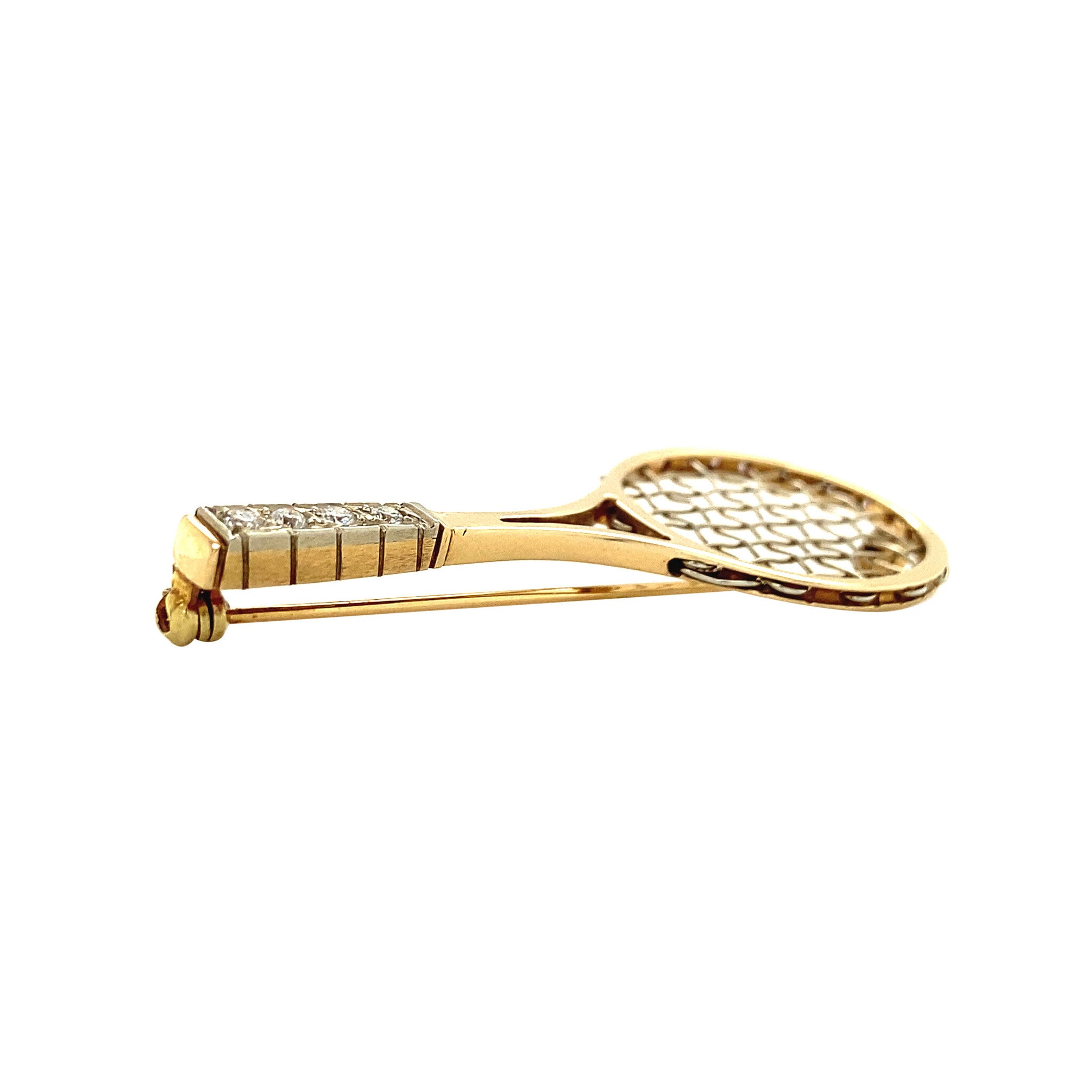 Gold tennis racket brooch with diamond 14 kt