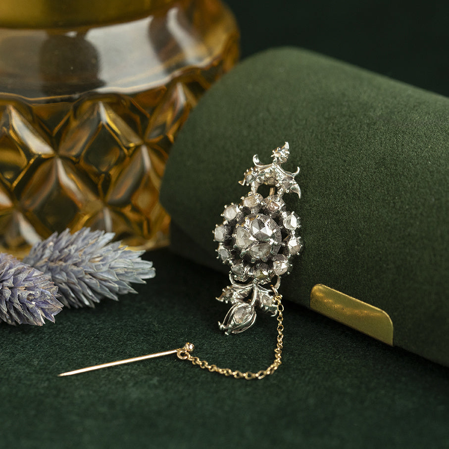 Gouden vintage entourage broche met roosdiamant 14 krt/925