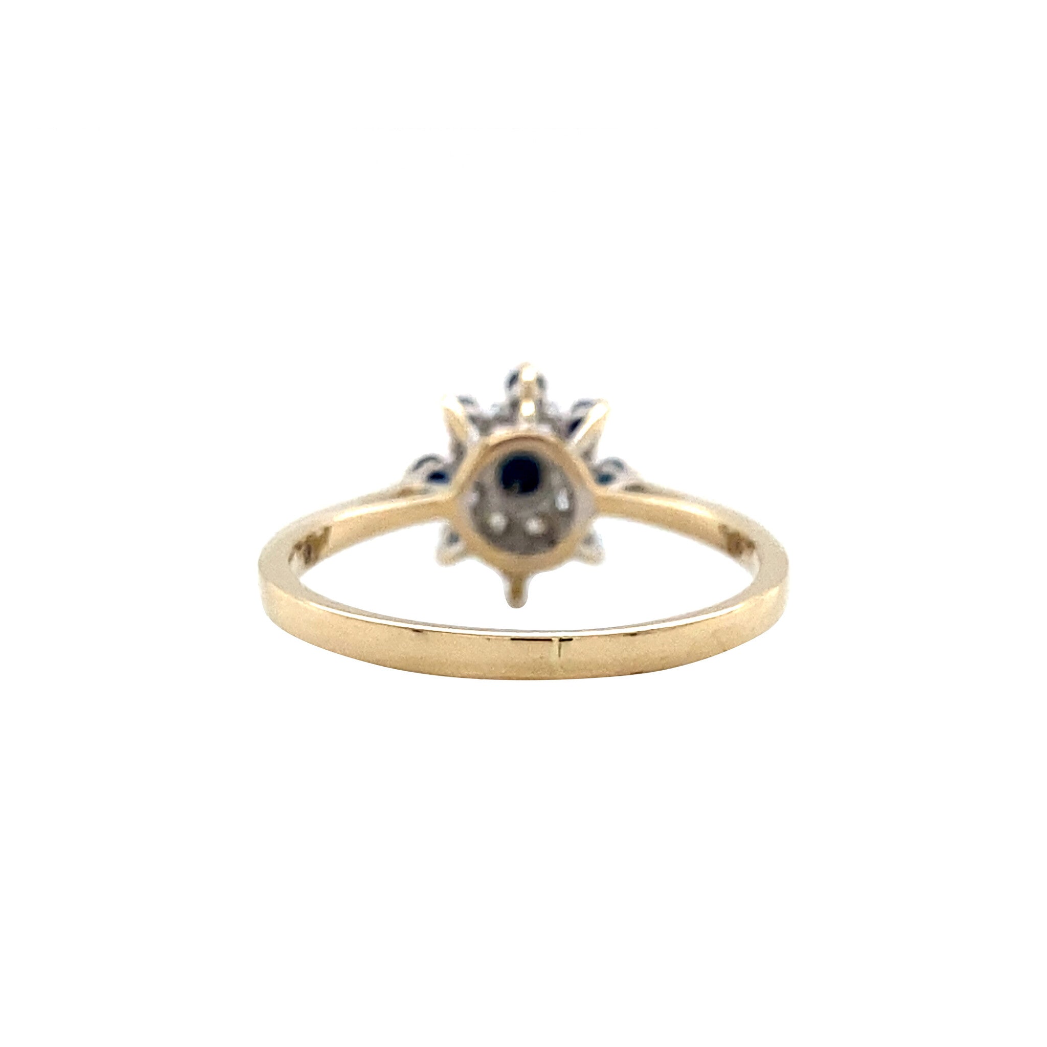 Gouden vintage entourage ring met saffier en diamant 14 krt
