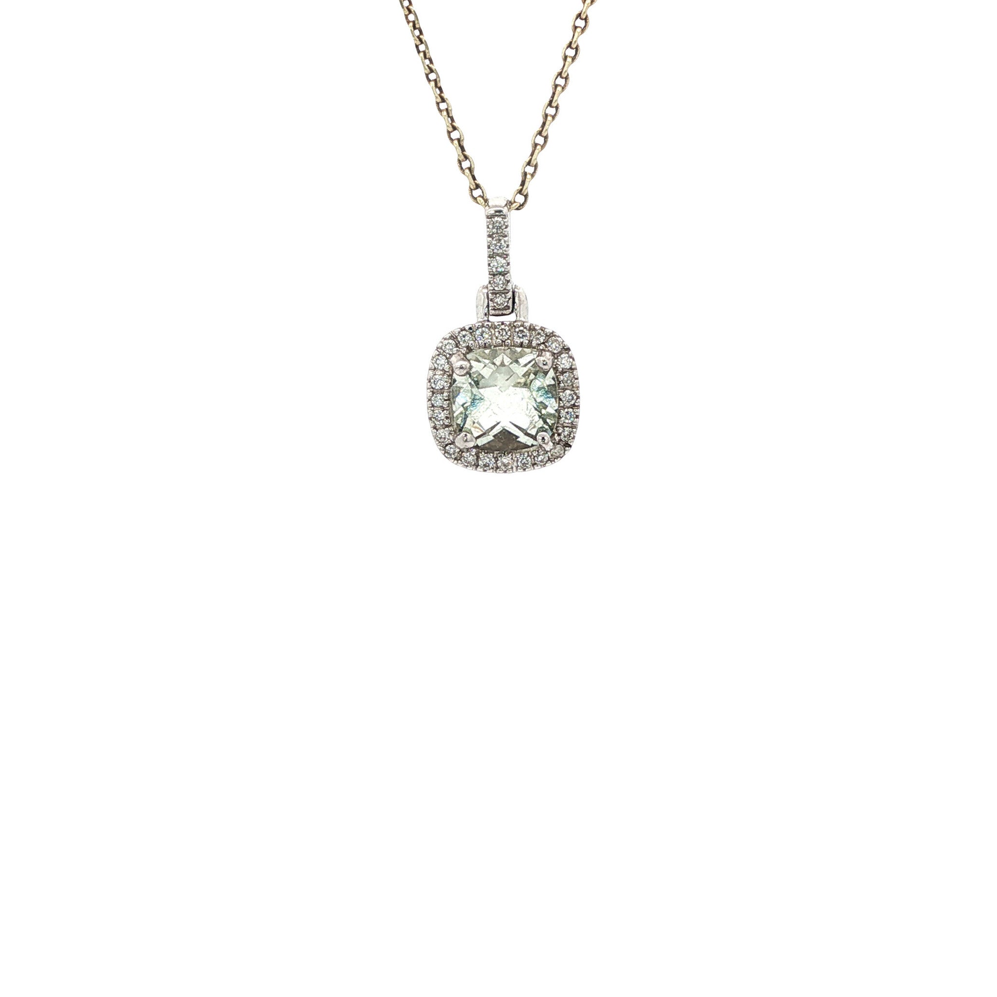 Witgouden vintage hanger met prasioliet en diamant 14 kt