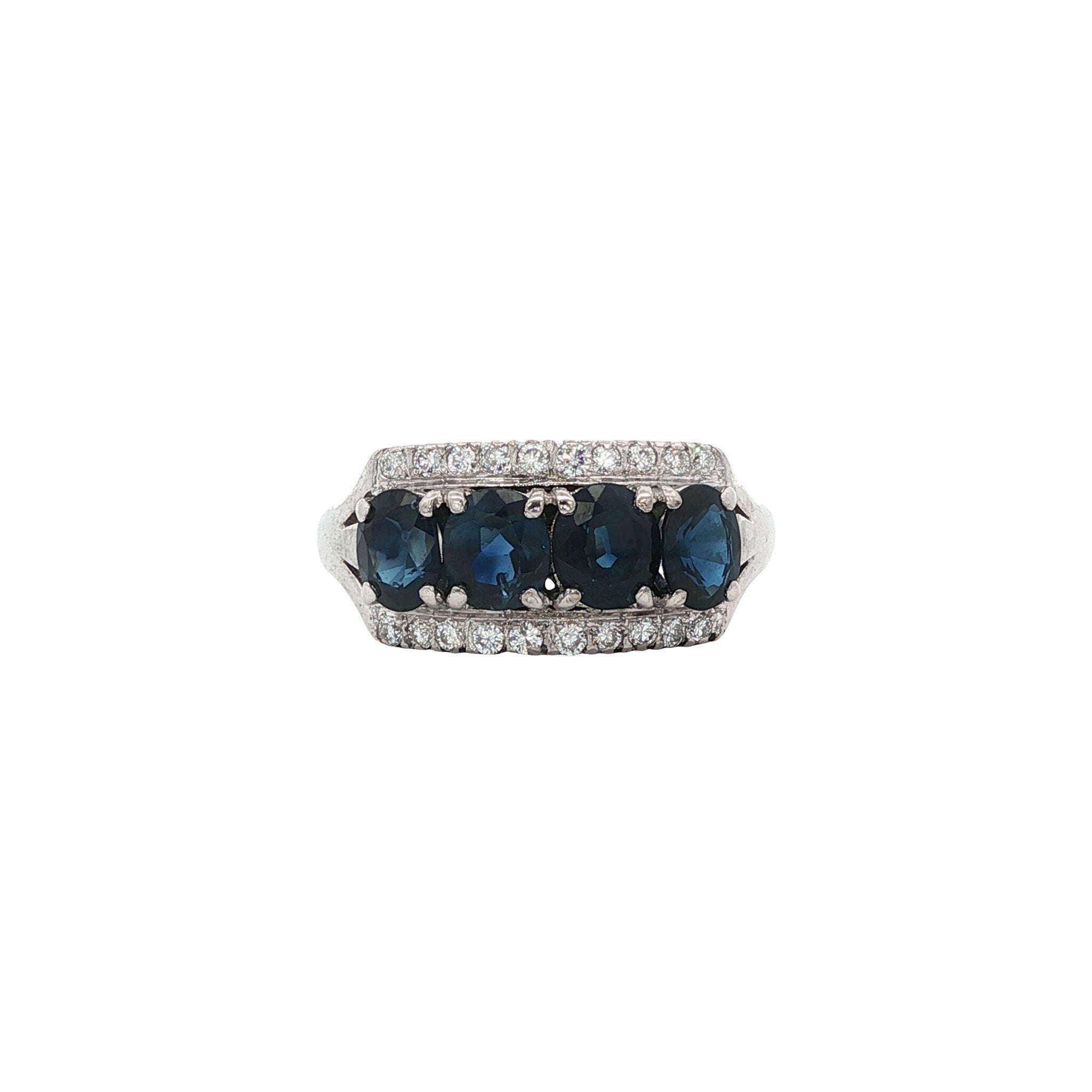 Witgouden vintage rijring met saffier en diamant 14 kt