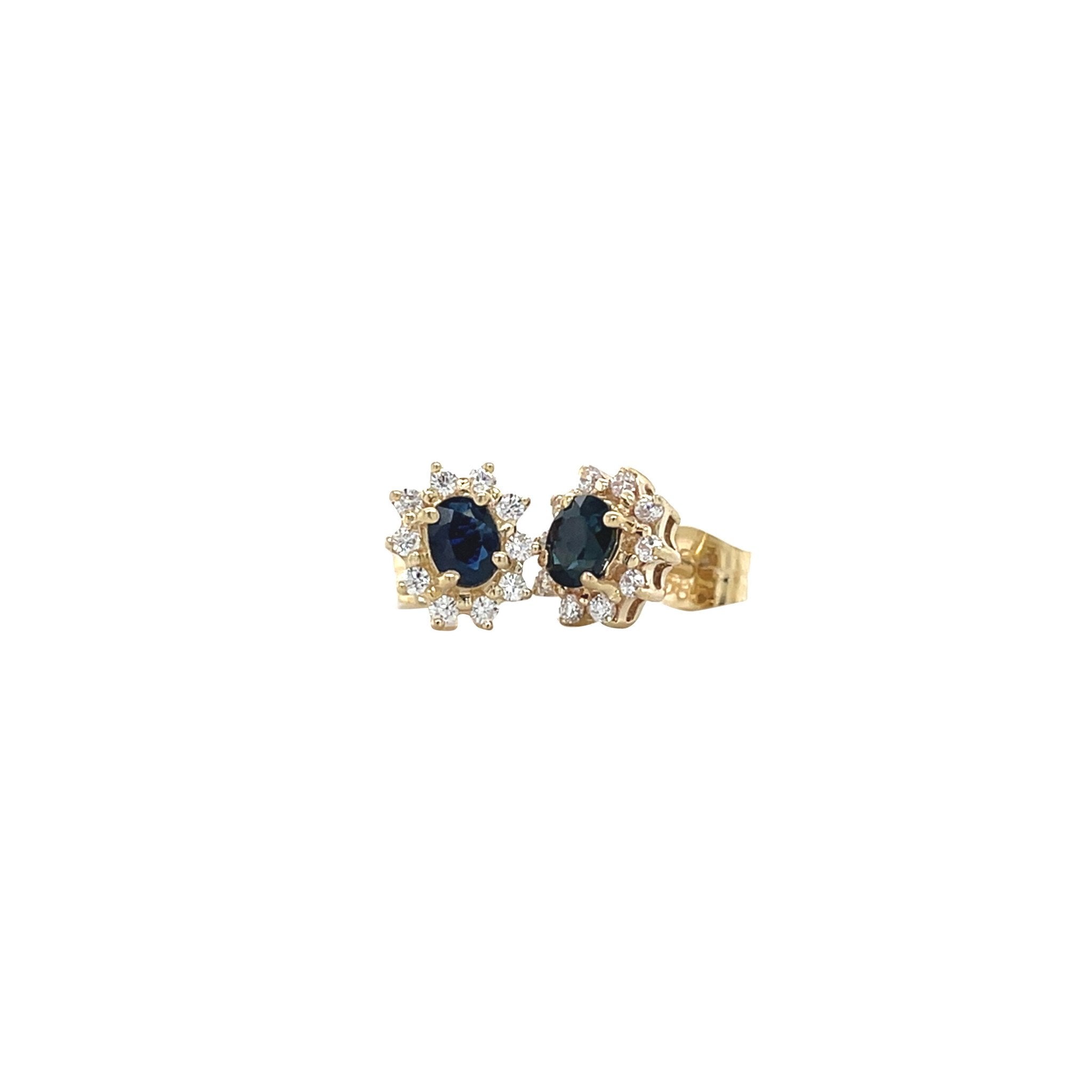 Golden vintage entourage stud earrings with sapphire and zirconia 14 kt