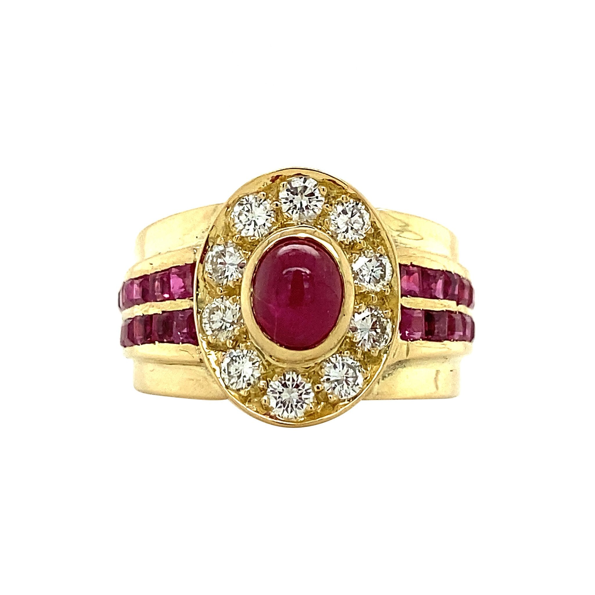 Gouden vintage entourage ring met robijn en diamant 14 krt