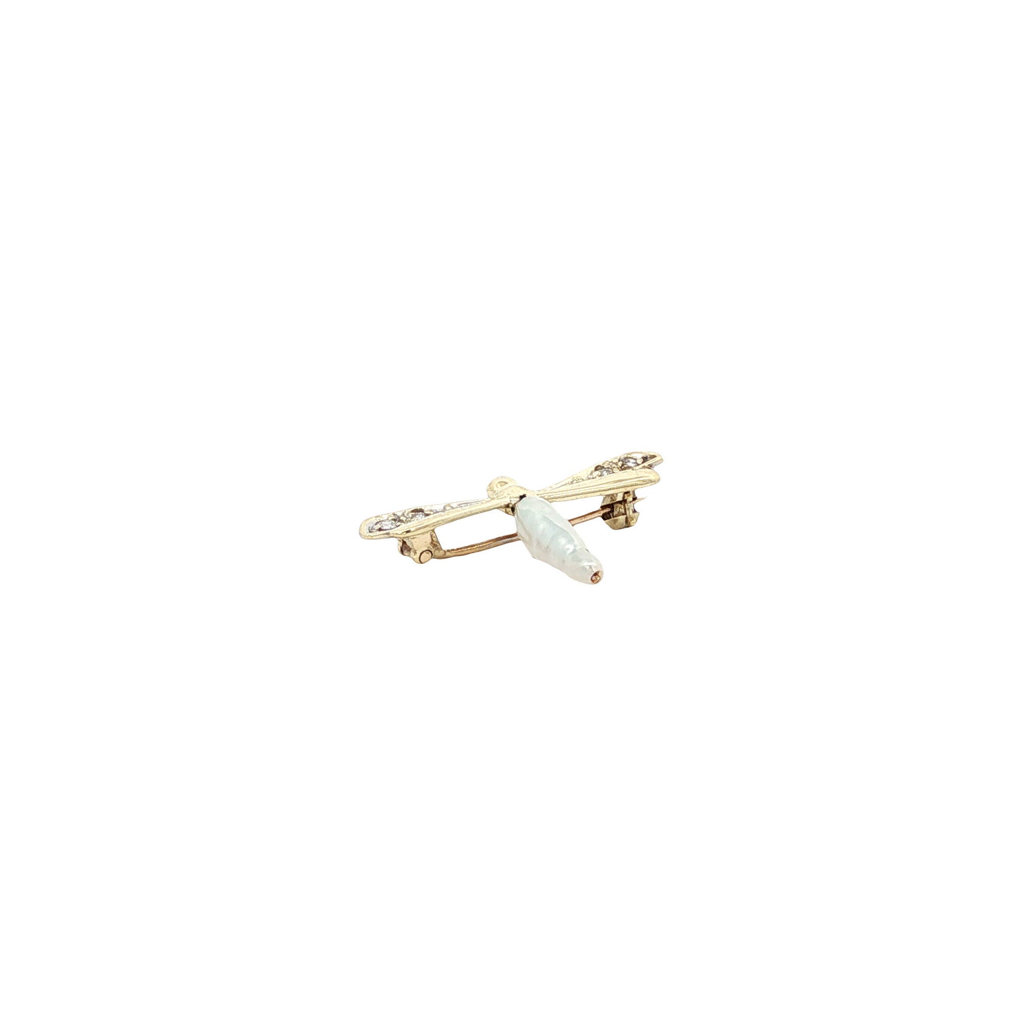 Vintage dragonfly brooch in 14 kt gold with pearl and zirconia