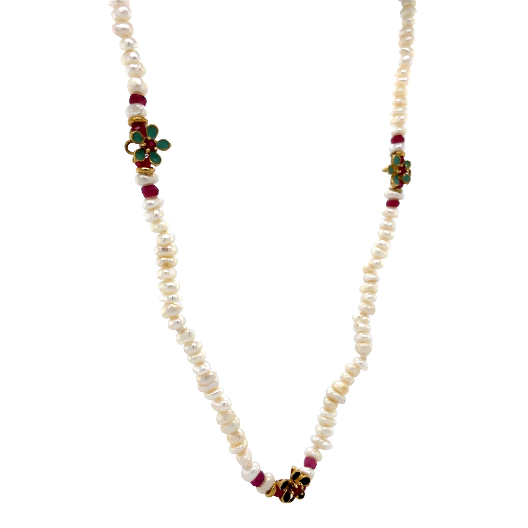 Vintage pearl necklace with ruby and enamel 14 kt
