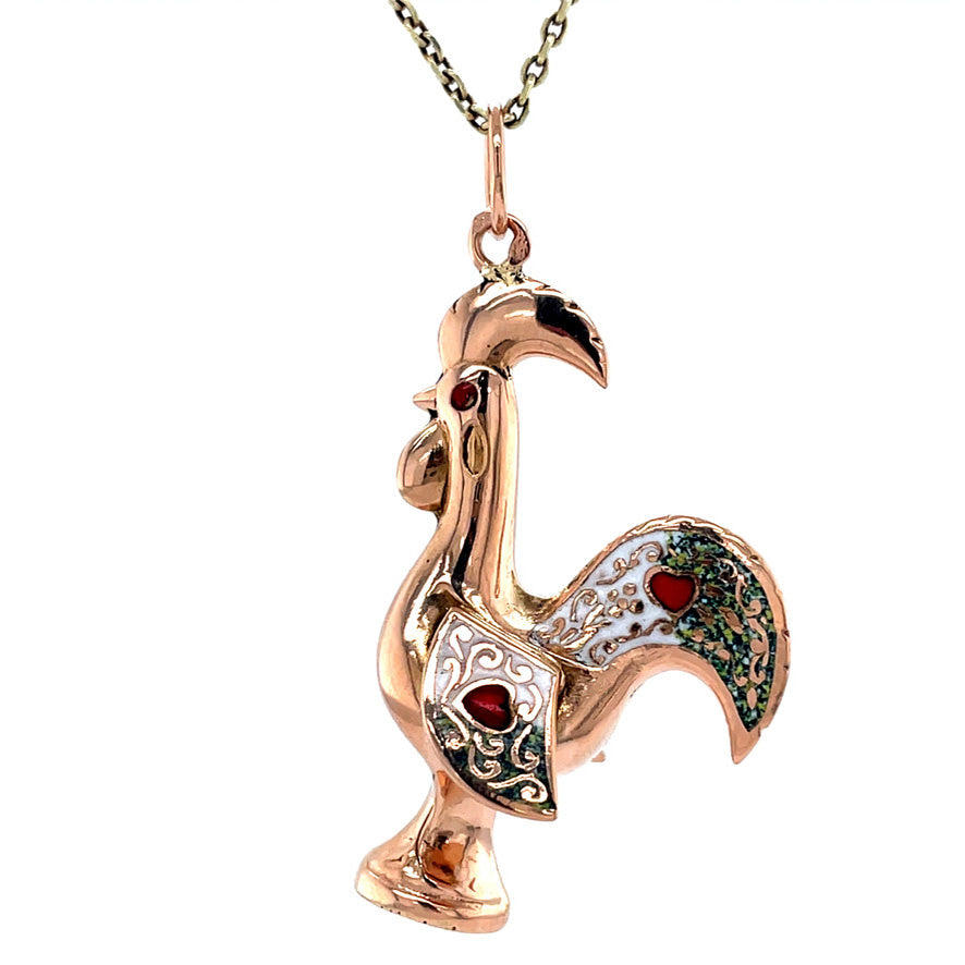 Roségouden vintage haan hanger met emaille 18 krt