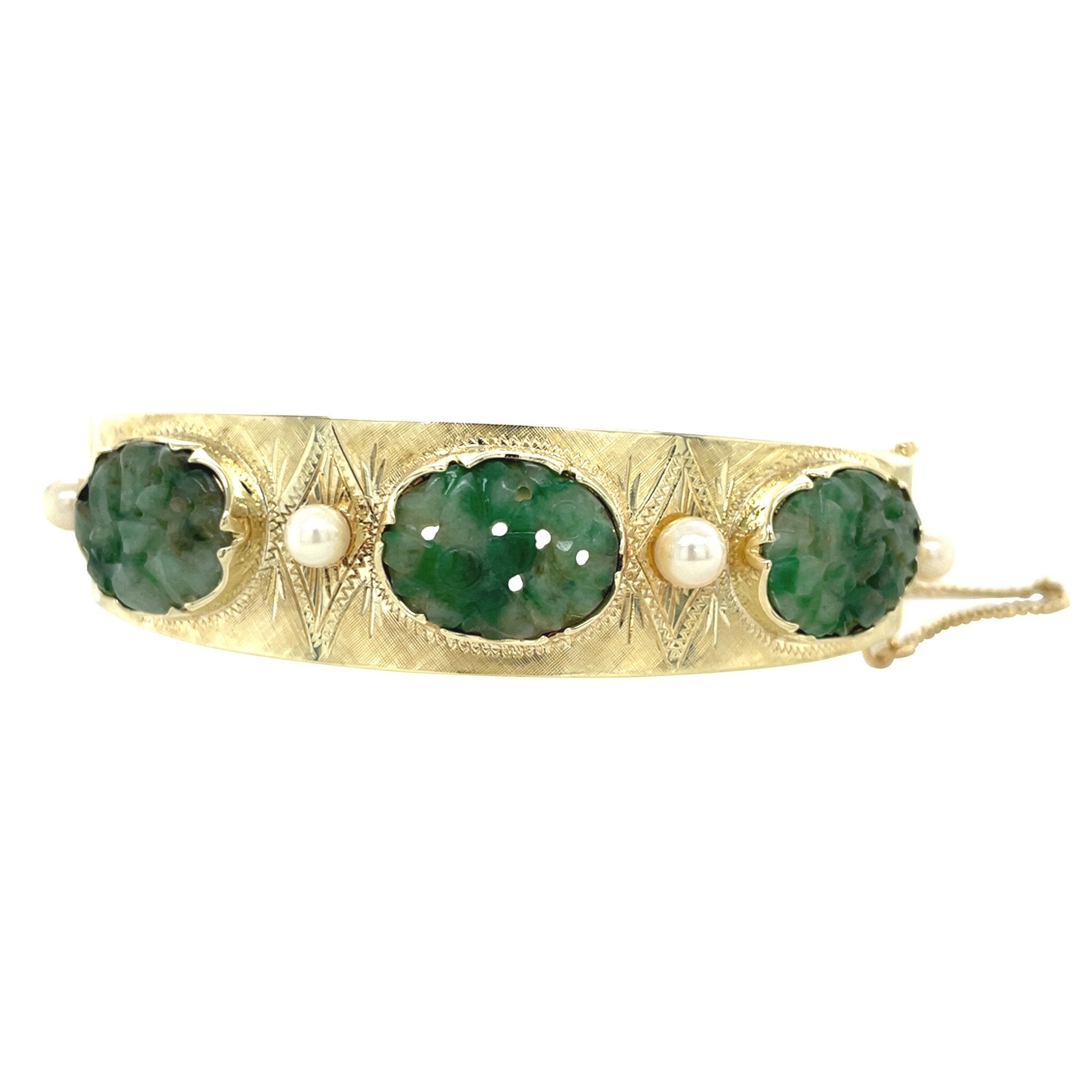 Gouden vintage bangle met jade en parel 14 kt