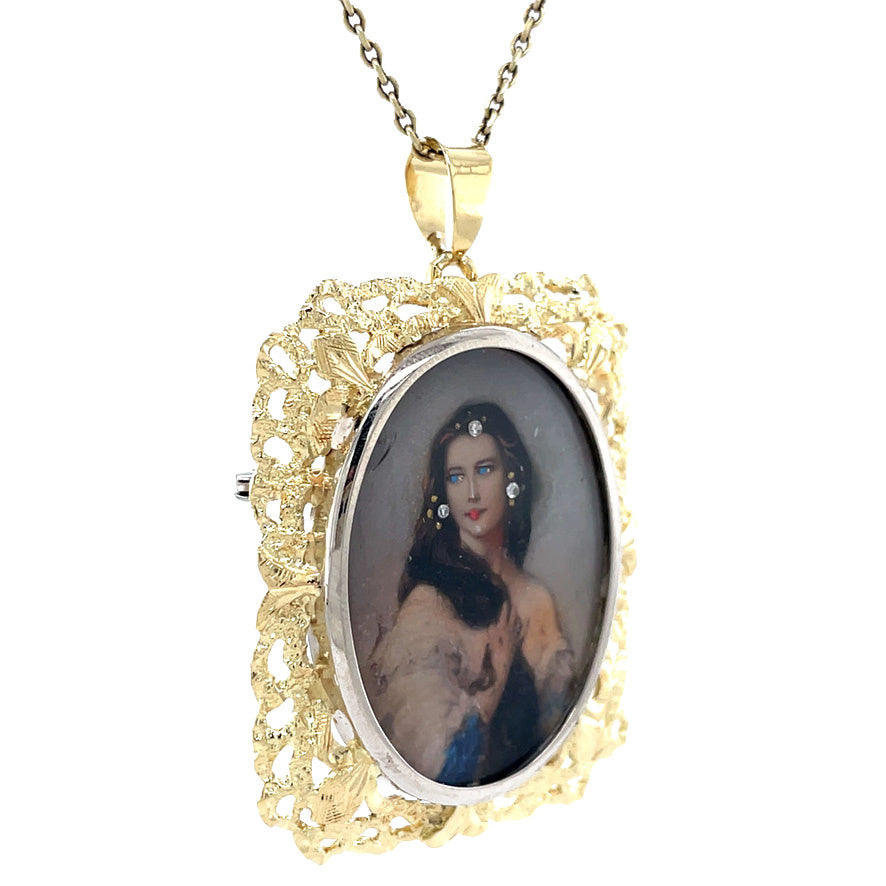 Gold vintage pendant with enamel and zirconia 14 kt