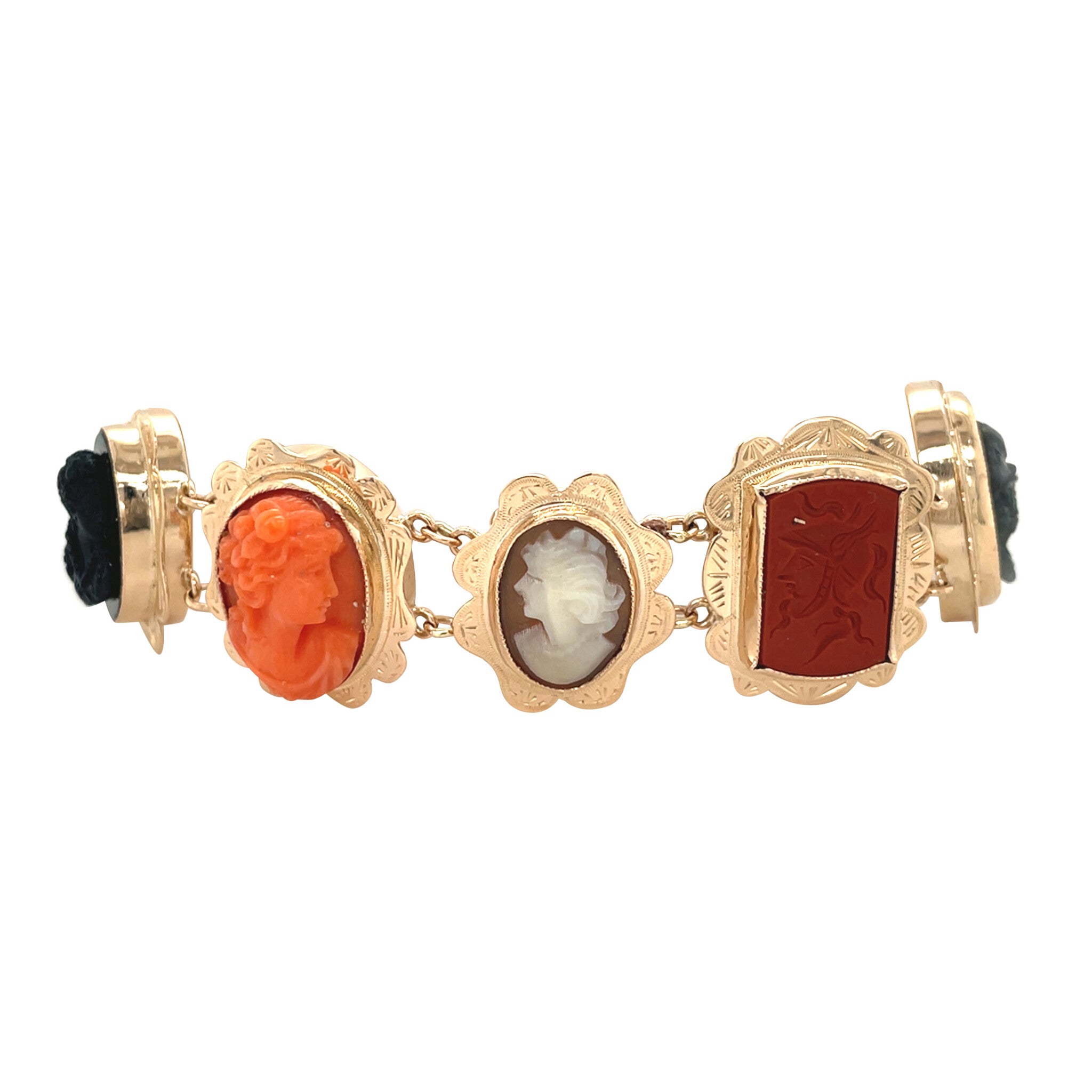 Gouden vintage armband met camee, onyx, bloedkoraal, agaat en labradoriet 14 kt