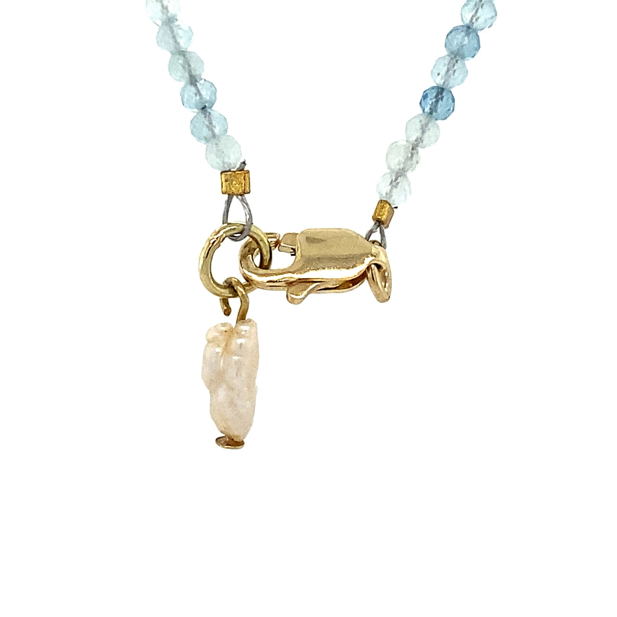 Aquamarine necklace with pearl and gold clasp 40 cm 14 krt