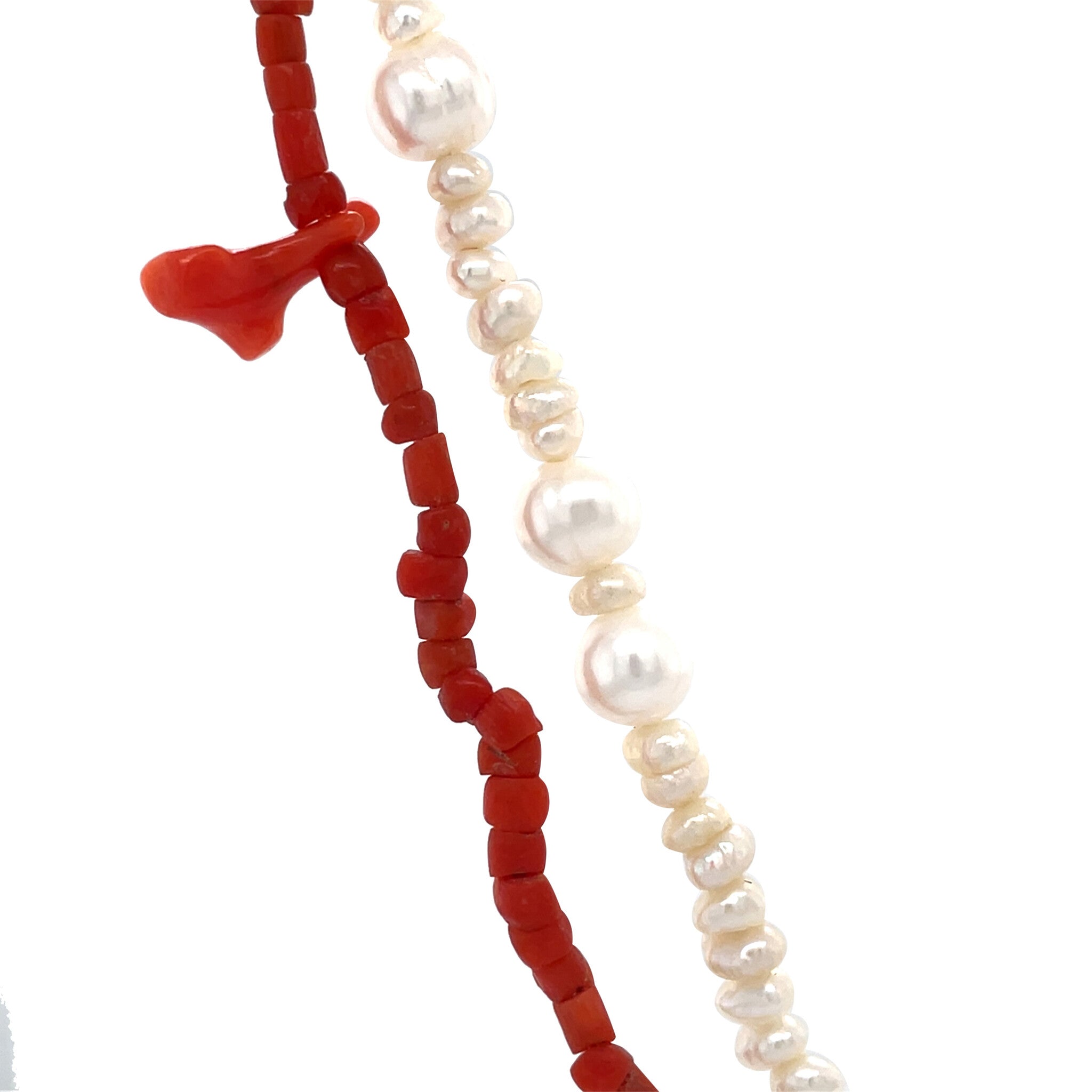 Vintage bloedkoraal en parel collier met zilveren sluiting 925