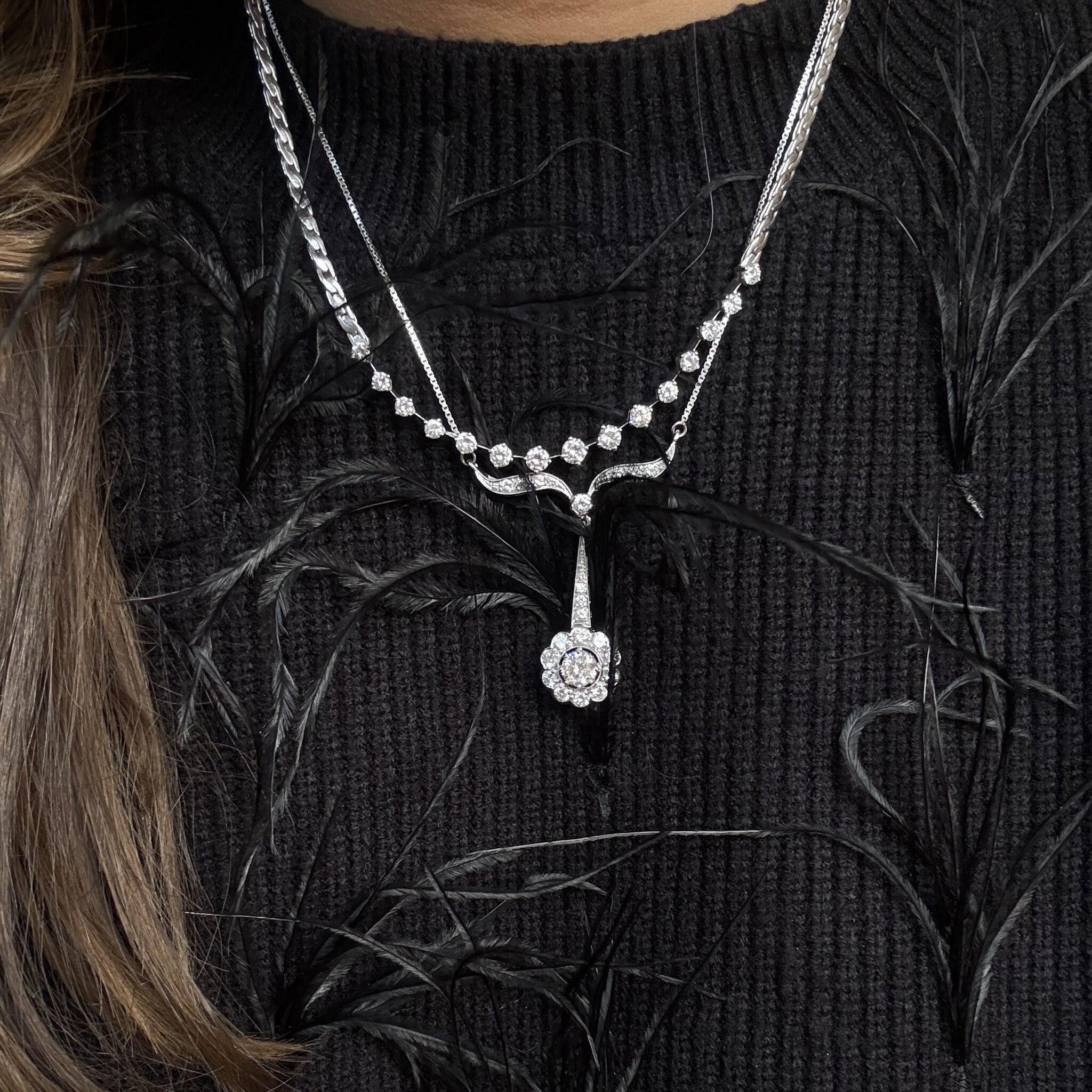 Witgouden vintage collier met diamant 14 kt