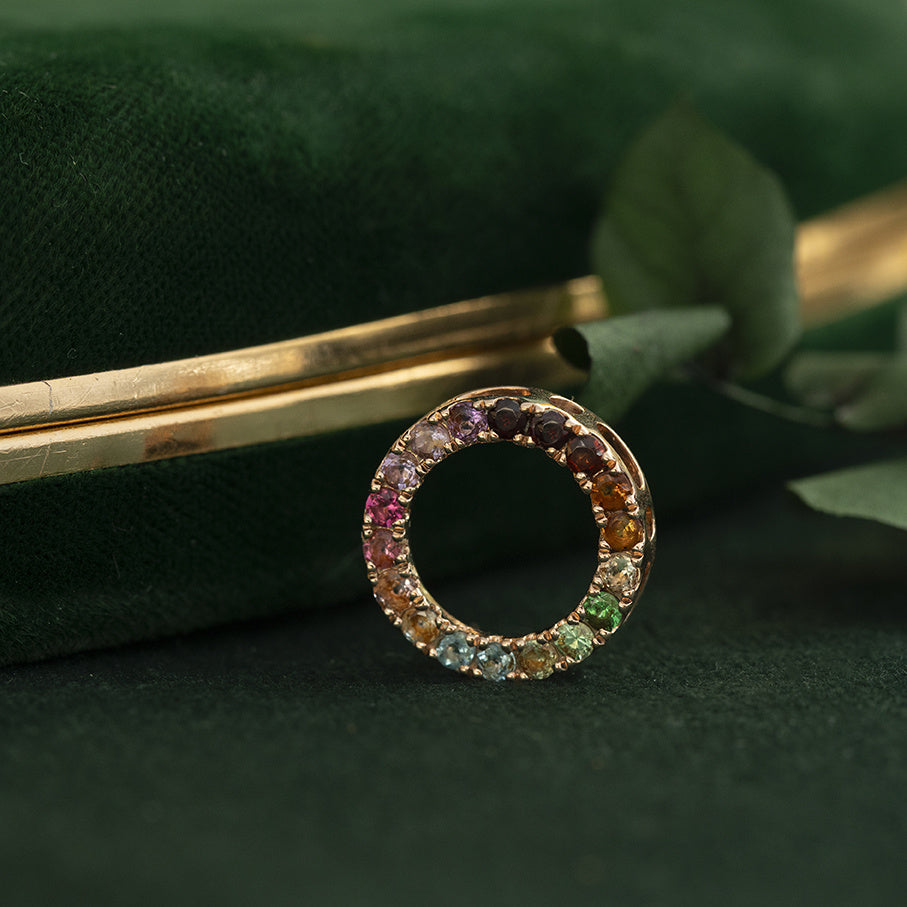 Rose-gold vintage Rainbow forest Gassan pendant with colored gemstones 14 kt