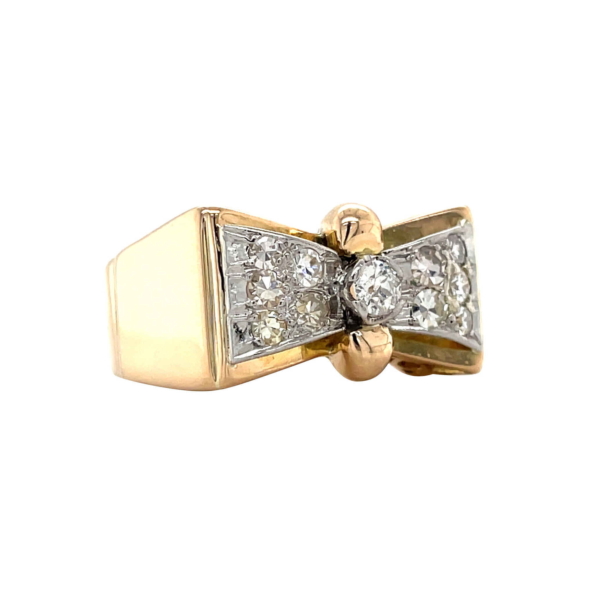 Golden vintage bow ring with diamond 14 kt/950