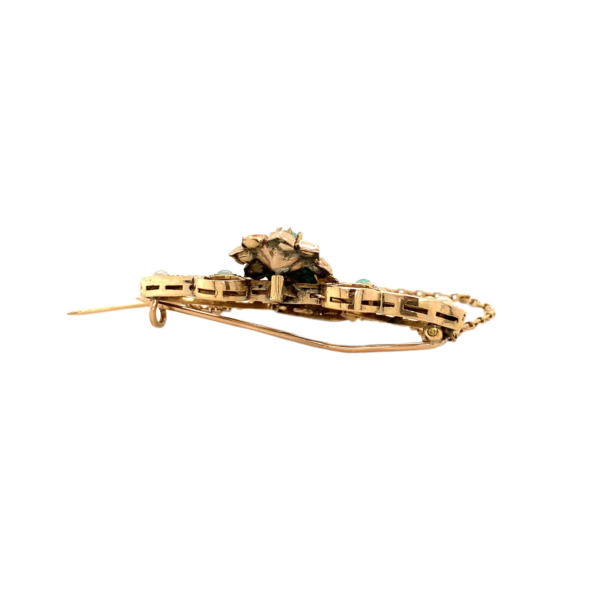 Rose gold brooch with pearl and opal 14 krt