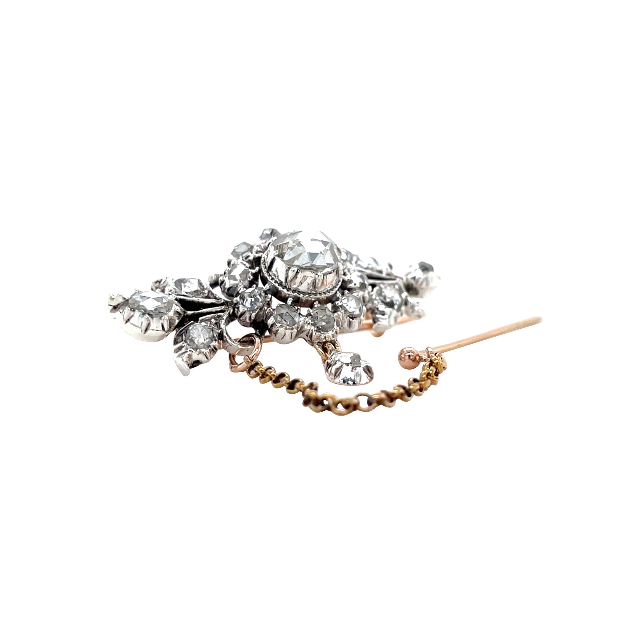 Vintage gold brooch with rose-cut diamond, 14 kt/925