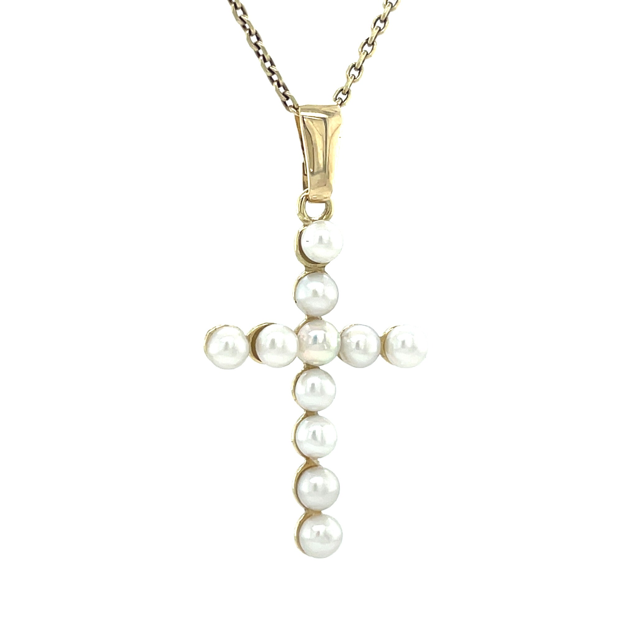 Gouden vintage kruis hanger met parel 14 krt