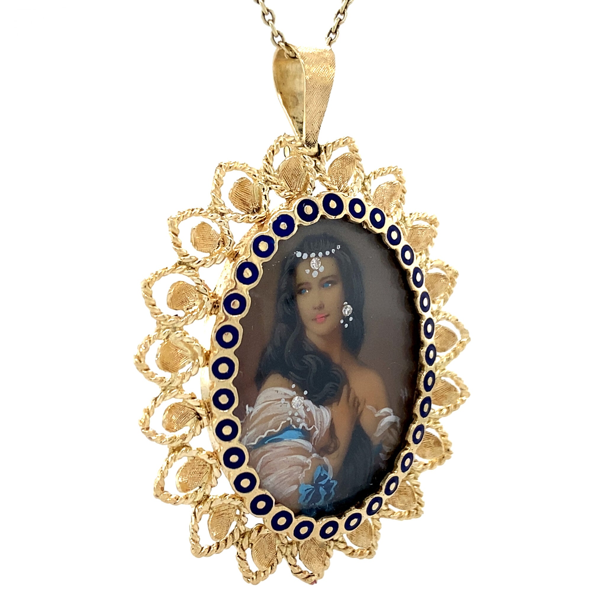 Gouden vintage hanger met zirkonia en miniatuurschildering 14 krt
