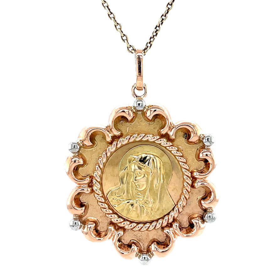 Tricolour vintage gold Mary coin pendant 14 kt