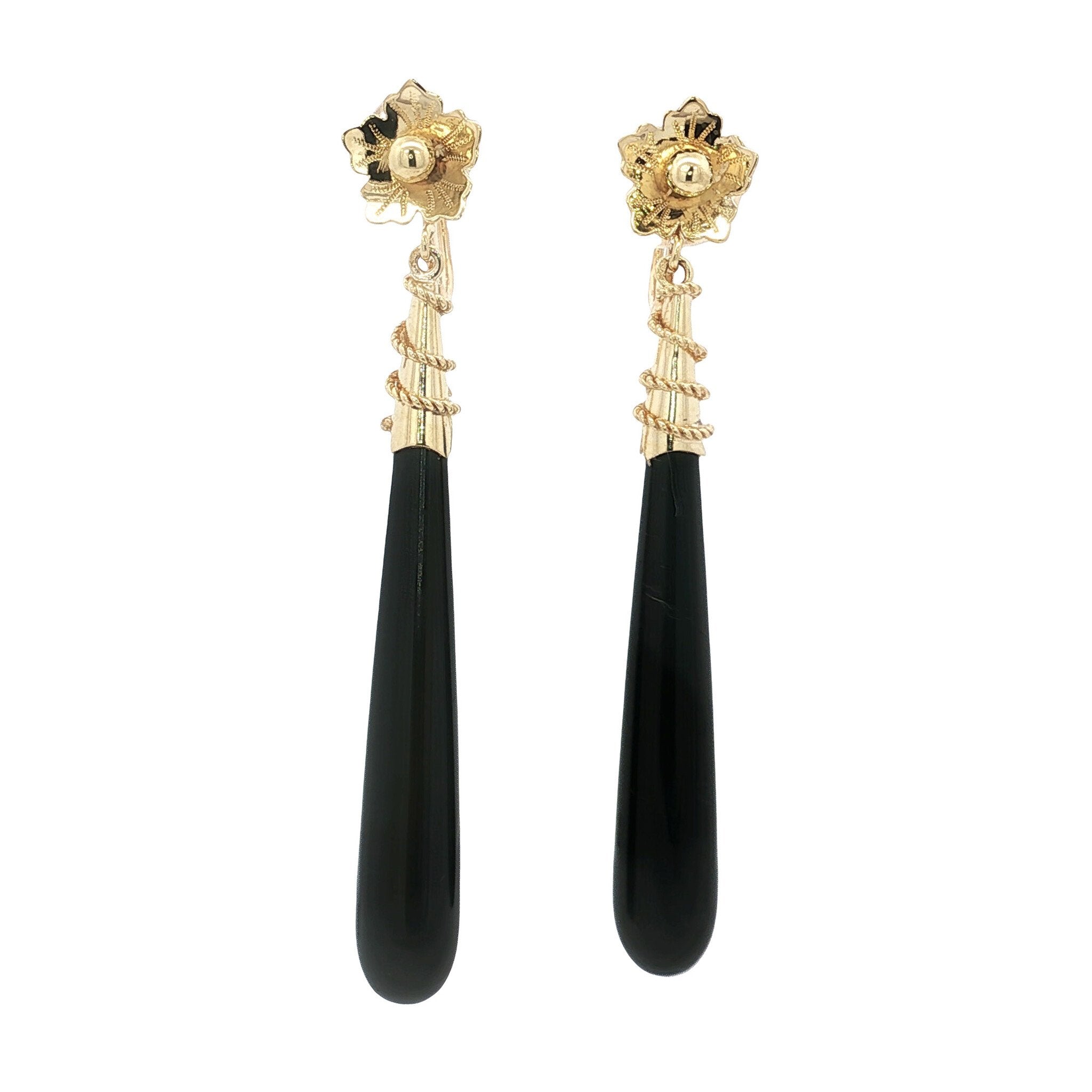 Gouden vintage oorhangers met onyx 14 kt