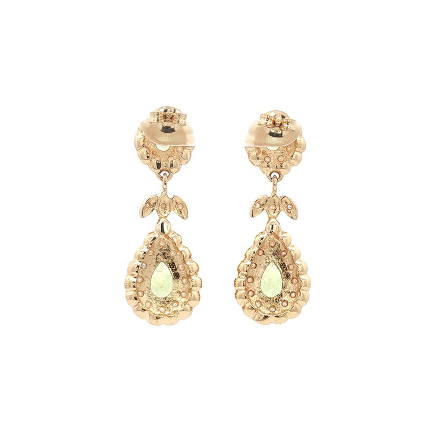 Gold earrings with peridot and pearl 14 kt