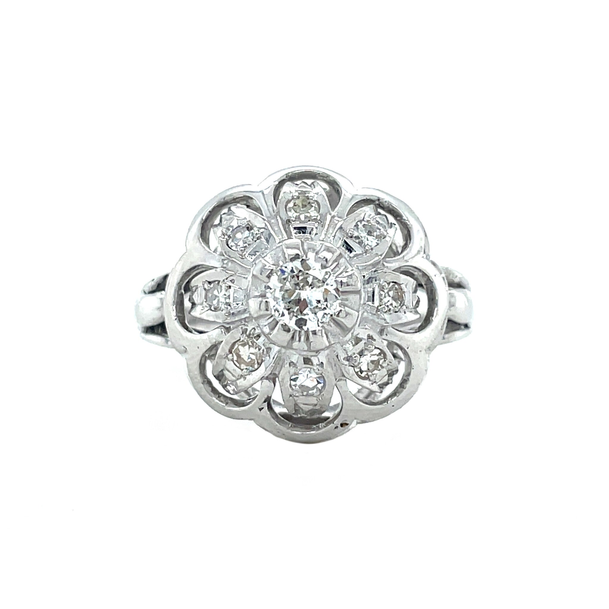 Witgouden vintage entourage ring met diamant 14 krt
