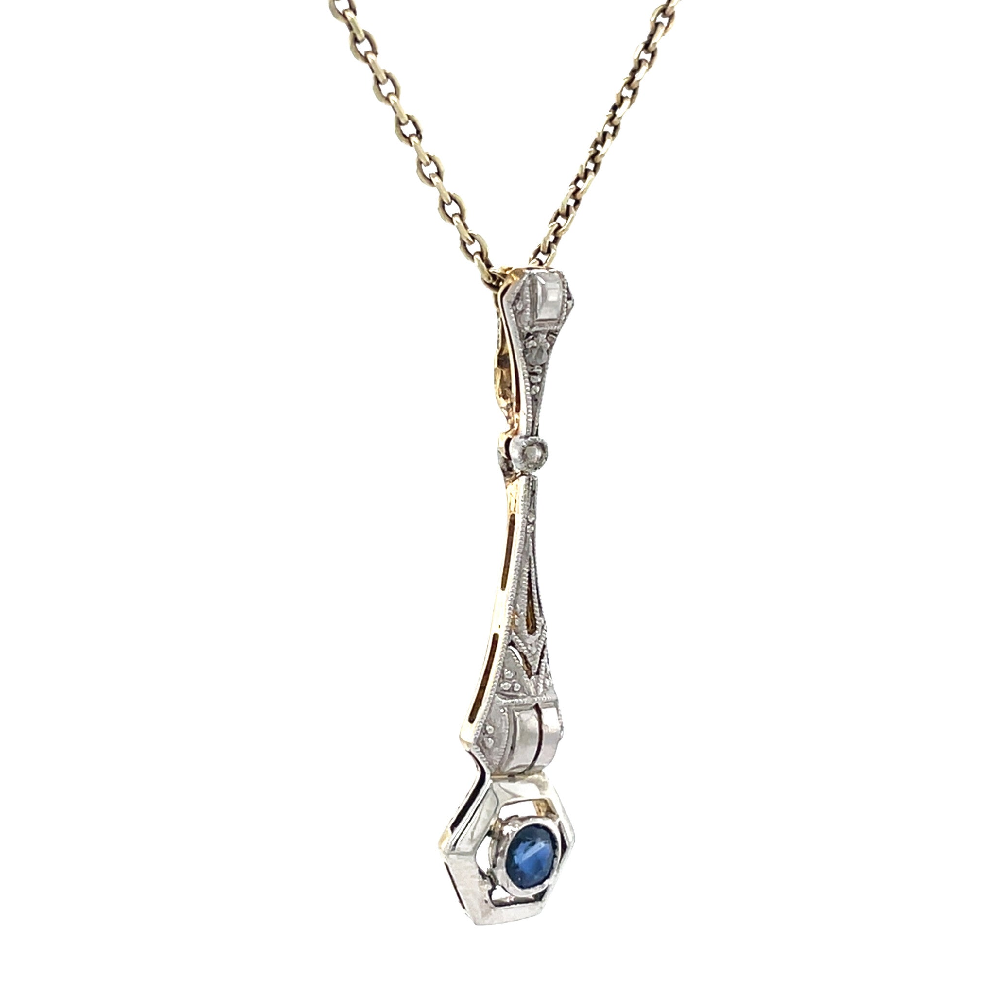 Bicolour golden vintage art deco pendant with sapphire and diamond 14 kt