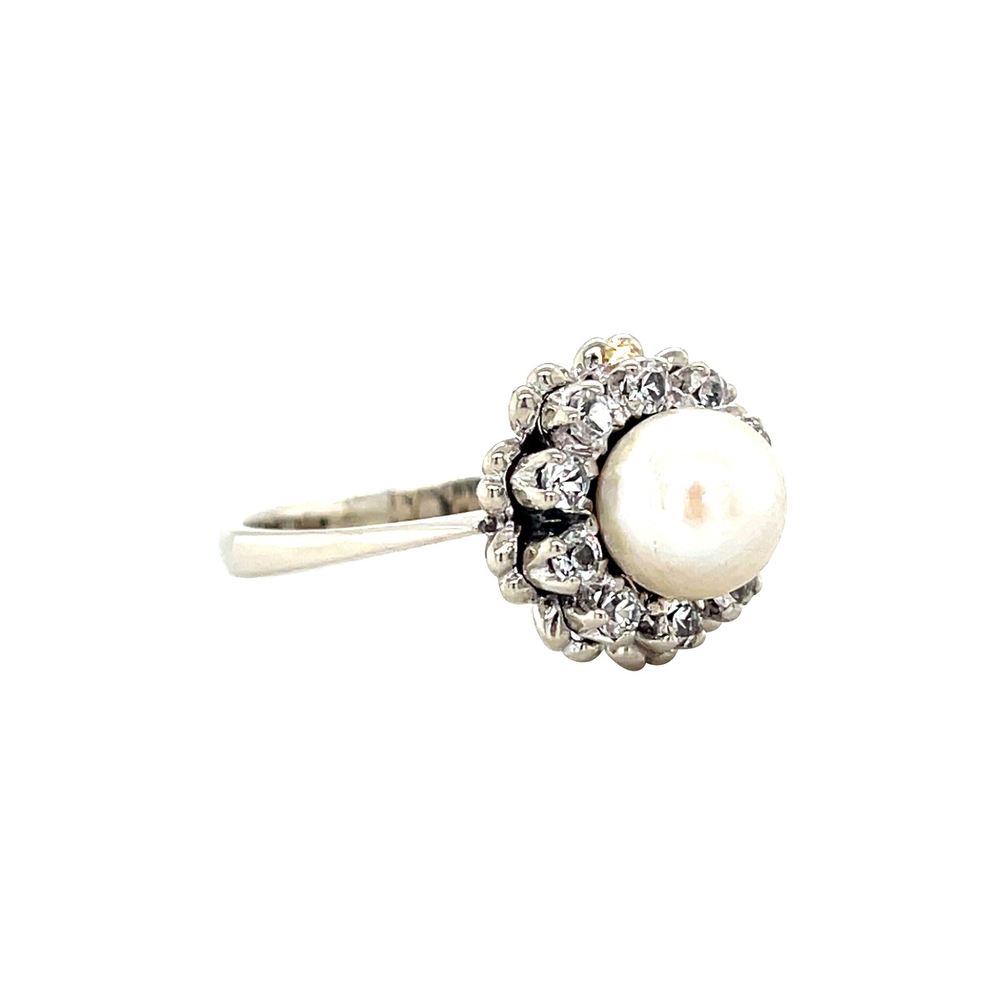 Witgouden vintage entourage ring met parel en spinel 18 krt