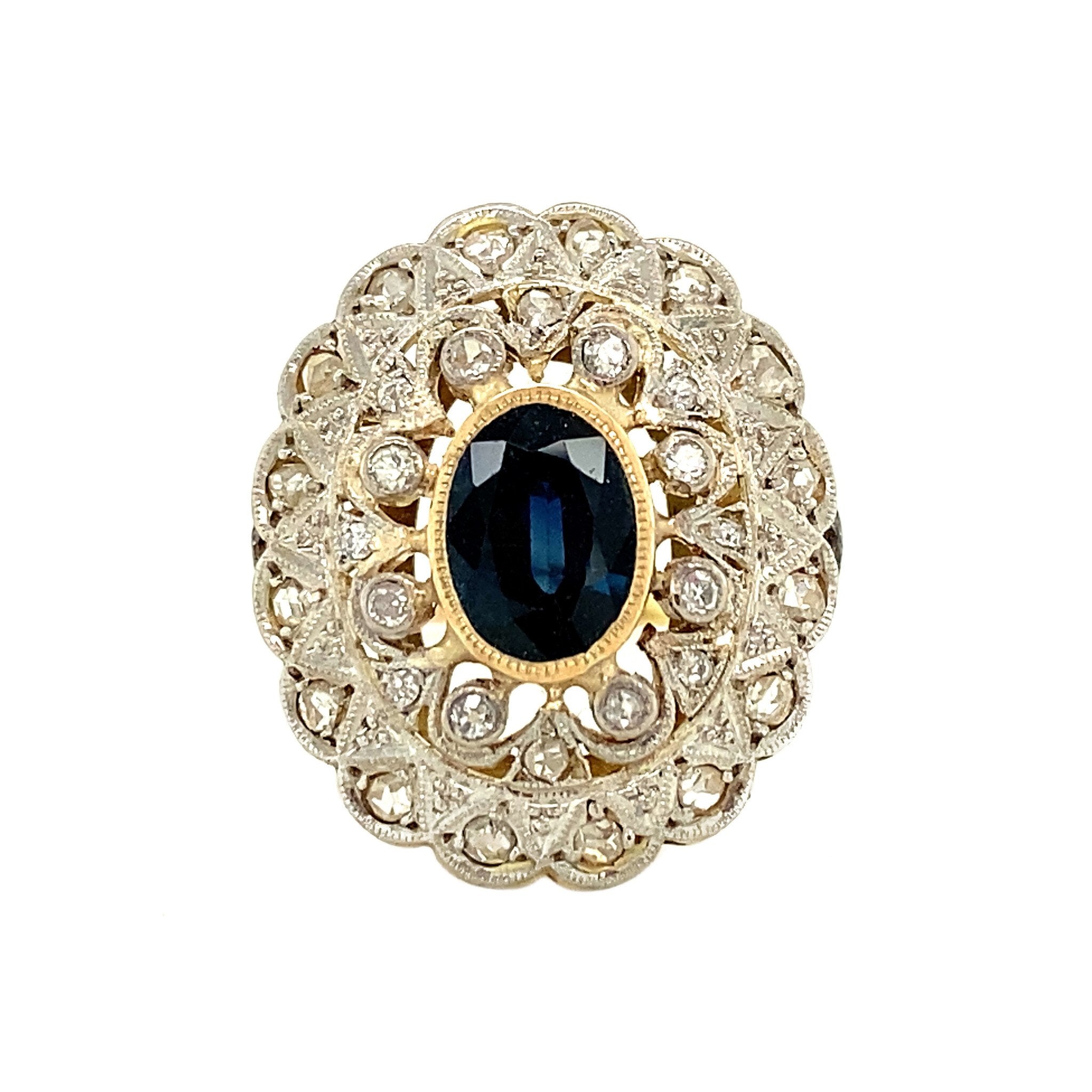 Gold halo ring with sapphire and diamond 14 kt/850