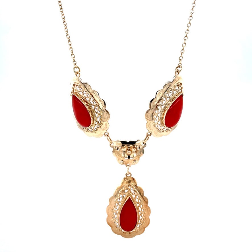 Gouden vintage anker collier met bloedkoraal 14 krt