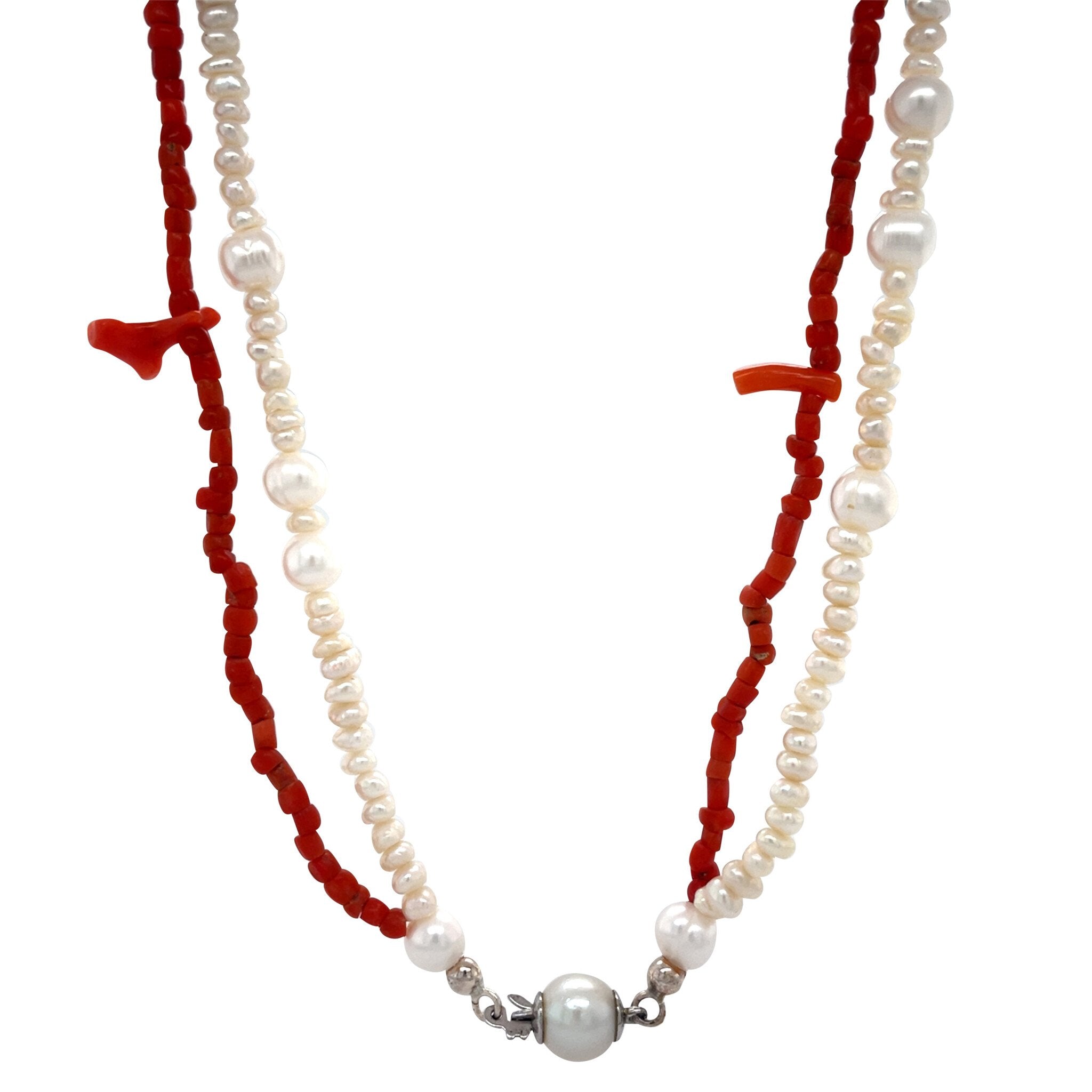 Vintage bloedkoraal en parel collier met zilveren sluiting 925