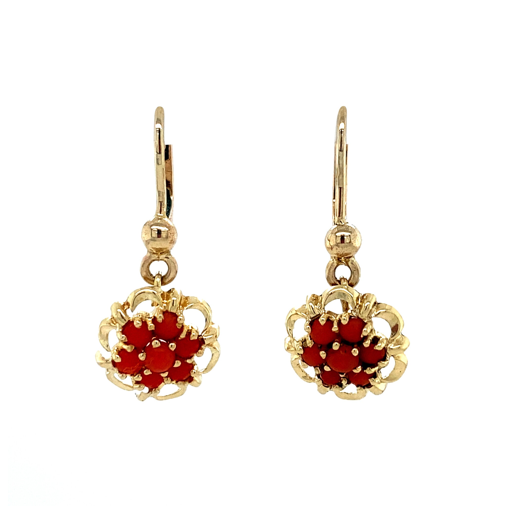 14 kt gold entourage dangle earrings with blood coral