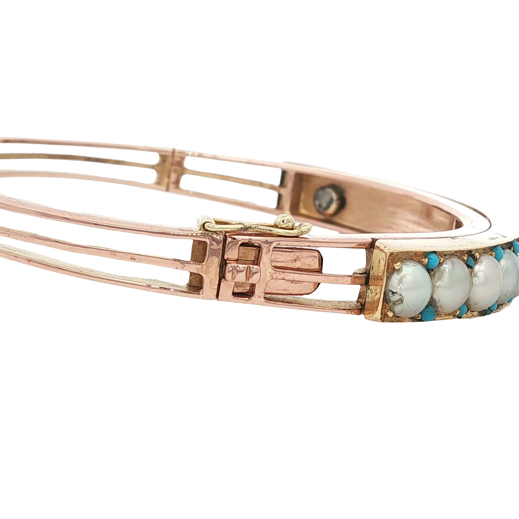 Rose-gold vintage bangle with pearl and turquoise, 14 kt