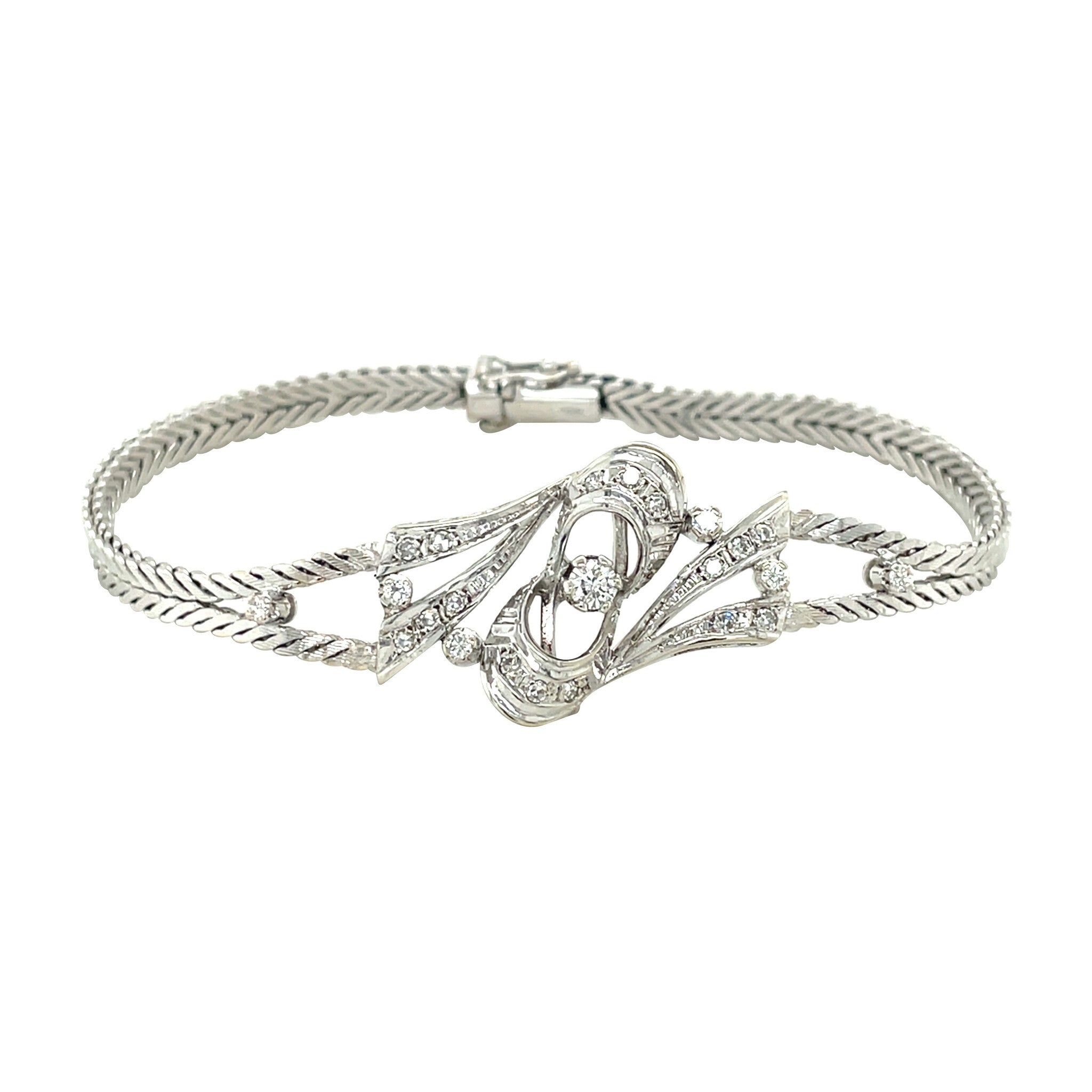 Vintage 14 kt white gold bracelet with a diamond