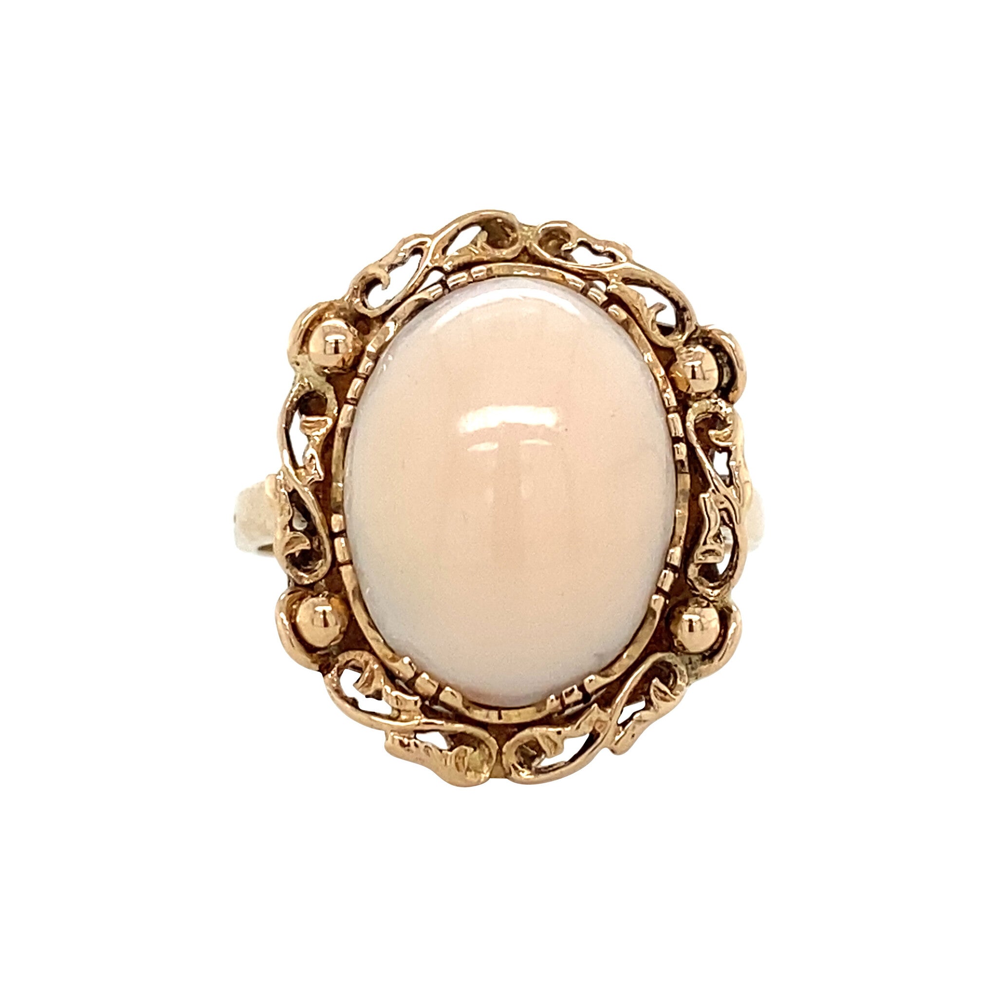 14 kt gold ring with angel skin coral