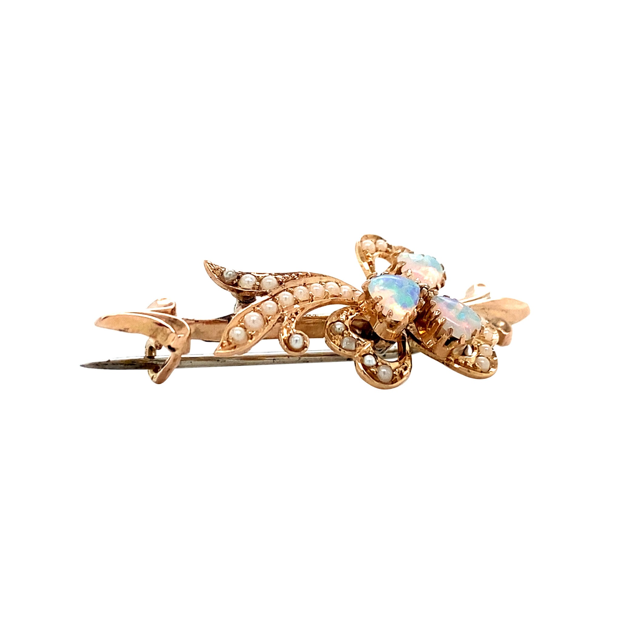 14 kt rose-gold vintage brooch with opal and pearl