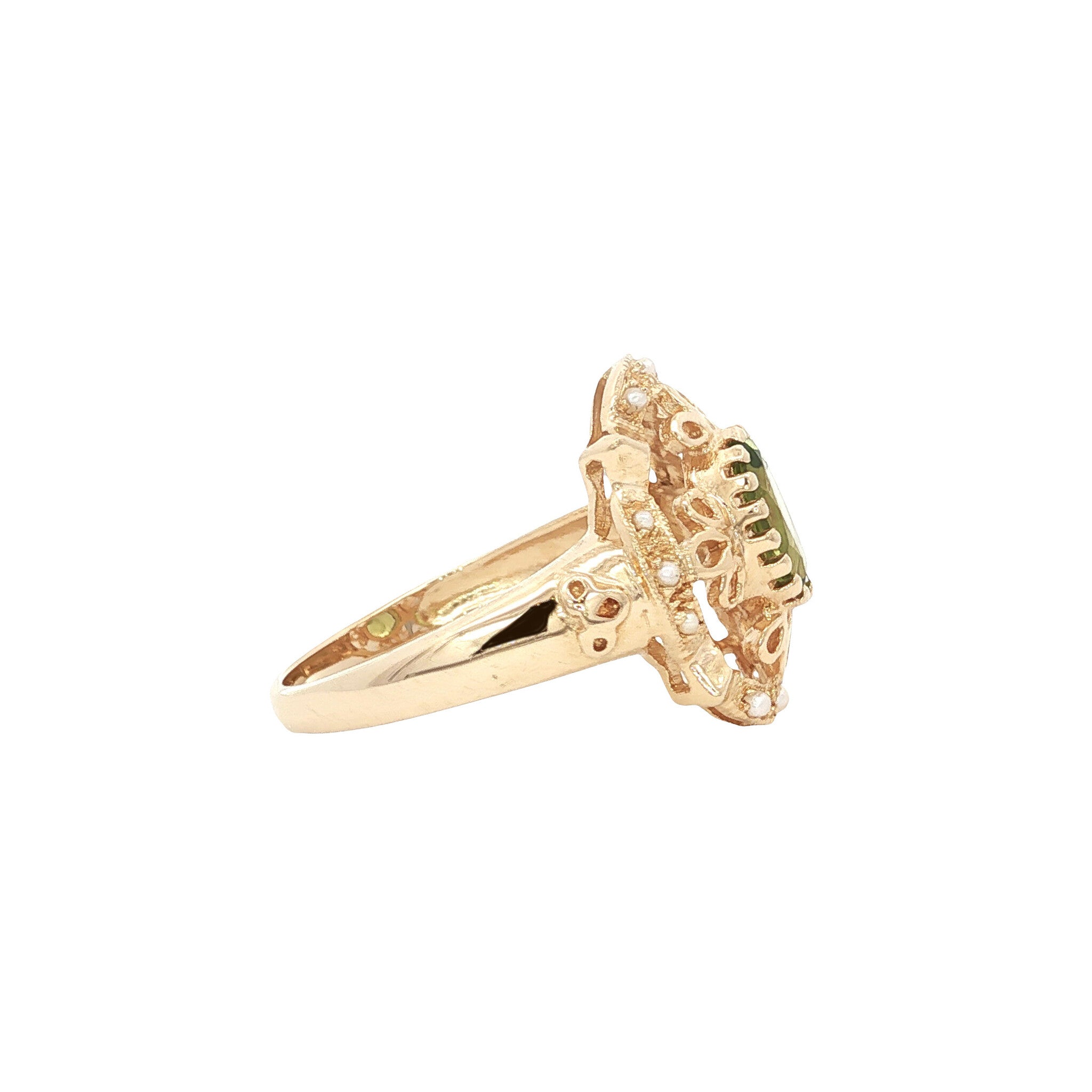 Gouden ring met peridoot en parel 14 kt