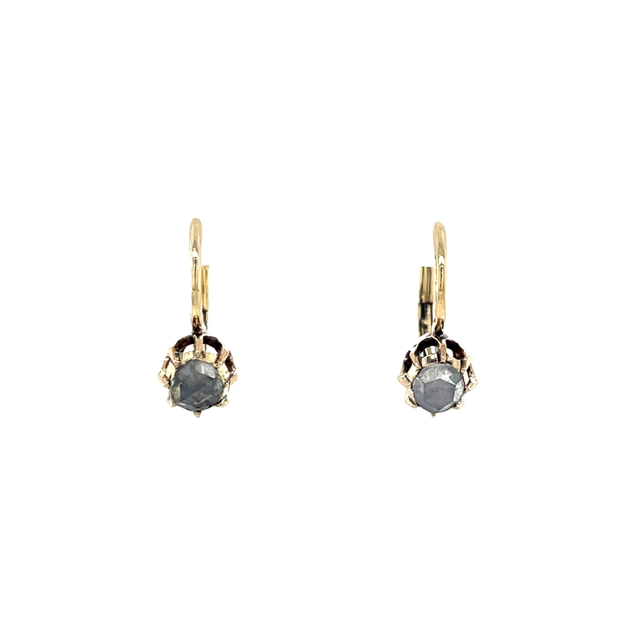 Vintage gold drop earrings with rose-cut diamond, 14 kt