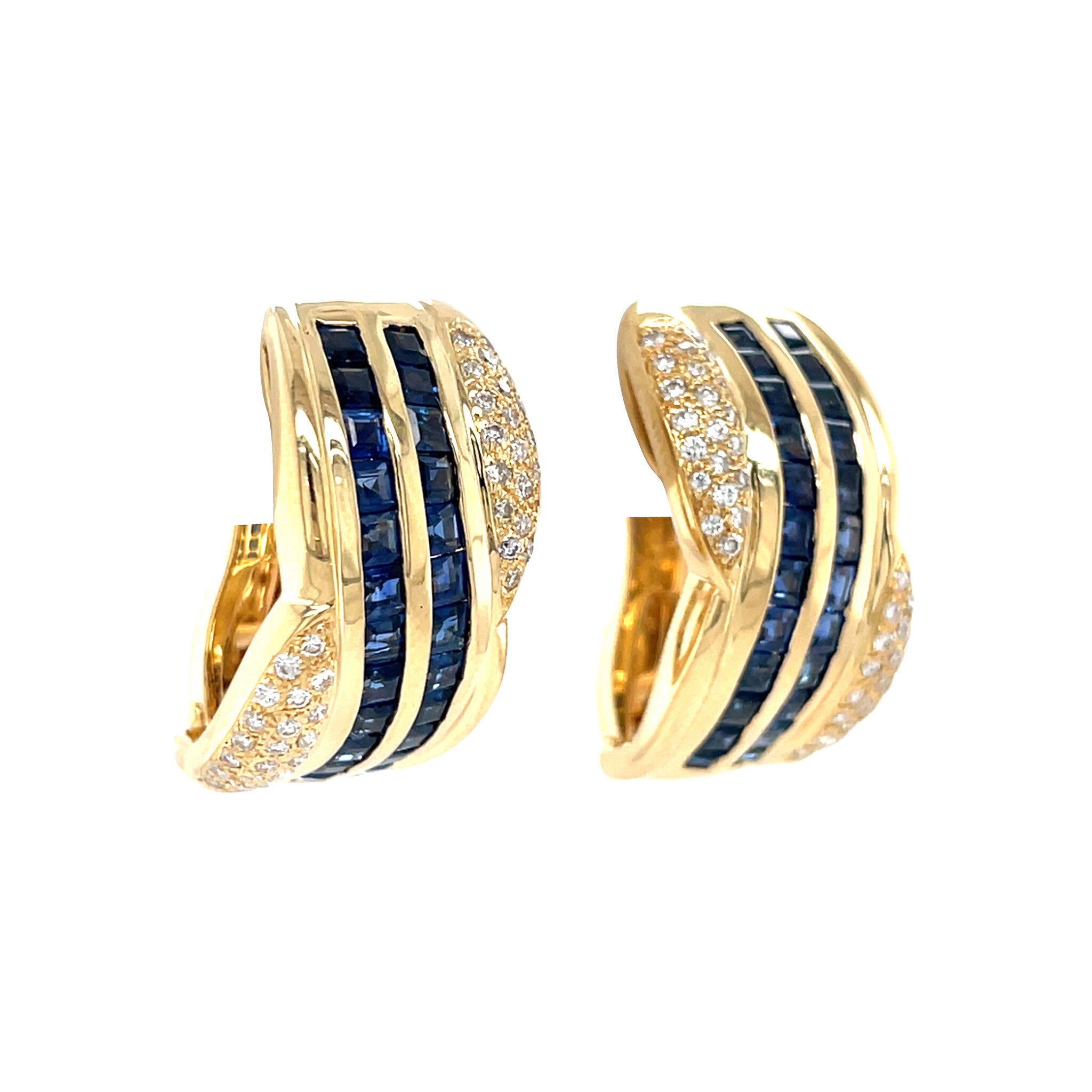 Gold vintage stud earrings with sapphire and diamond 18 kt