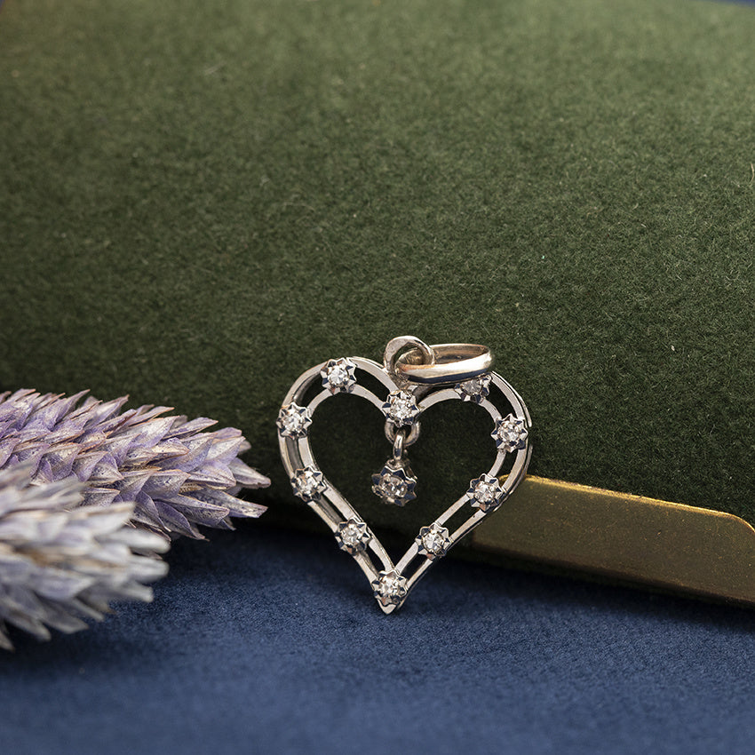 Witgouden vintage hart hanger met diamant 14 kt