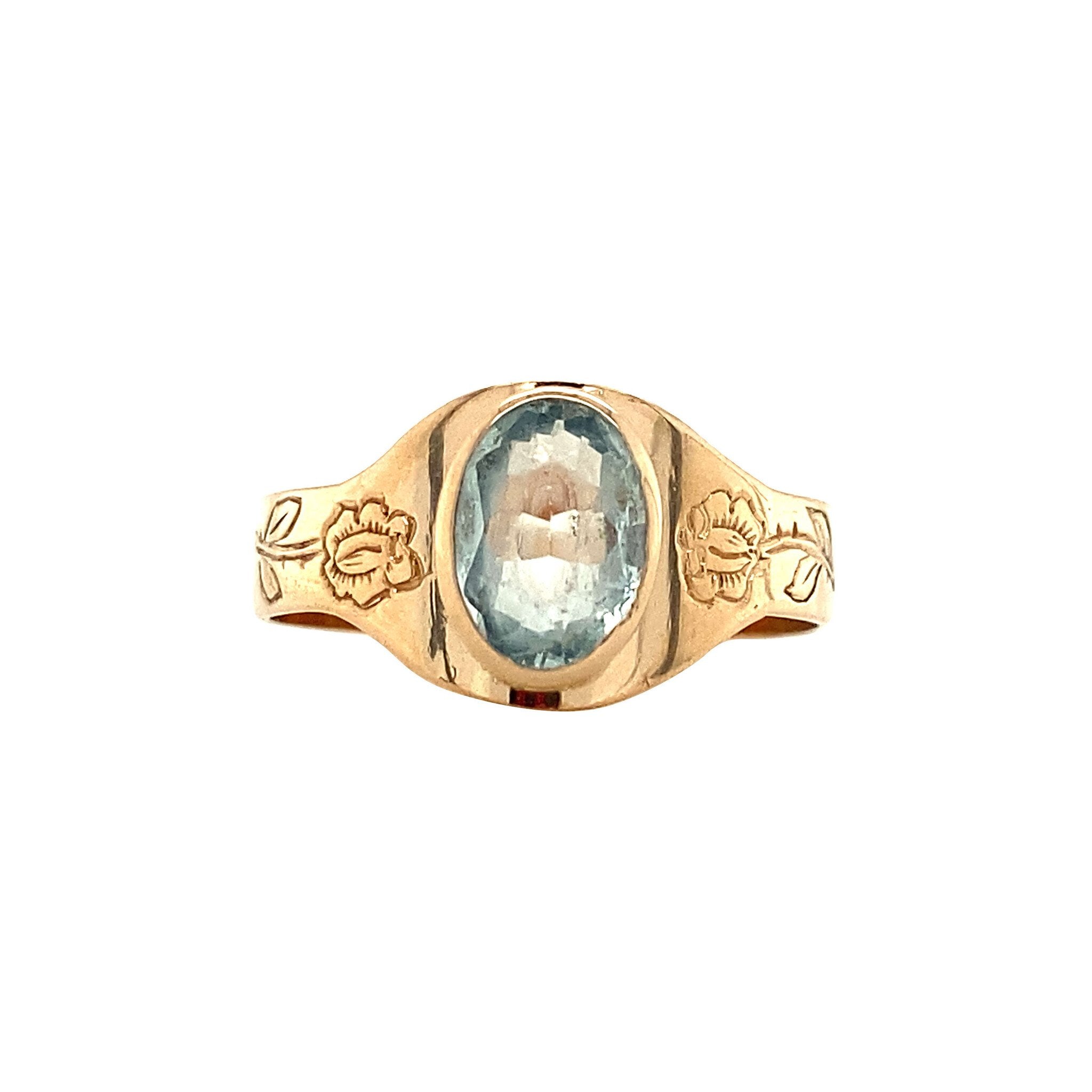 Gouden ring met blauw glas 14 krt