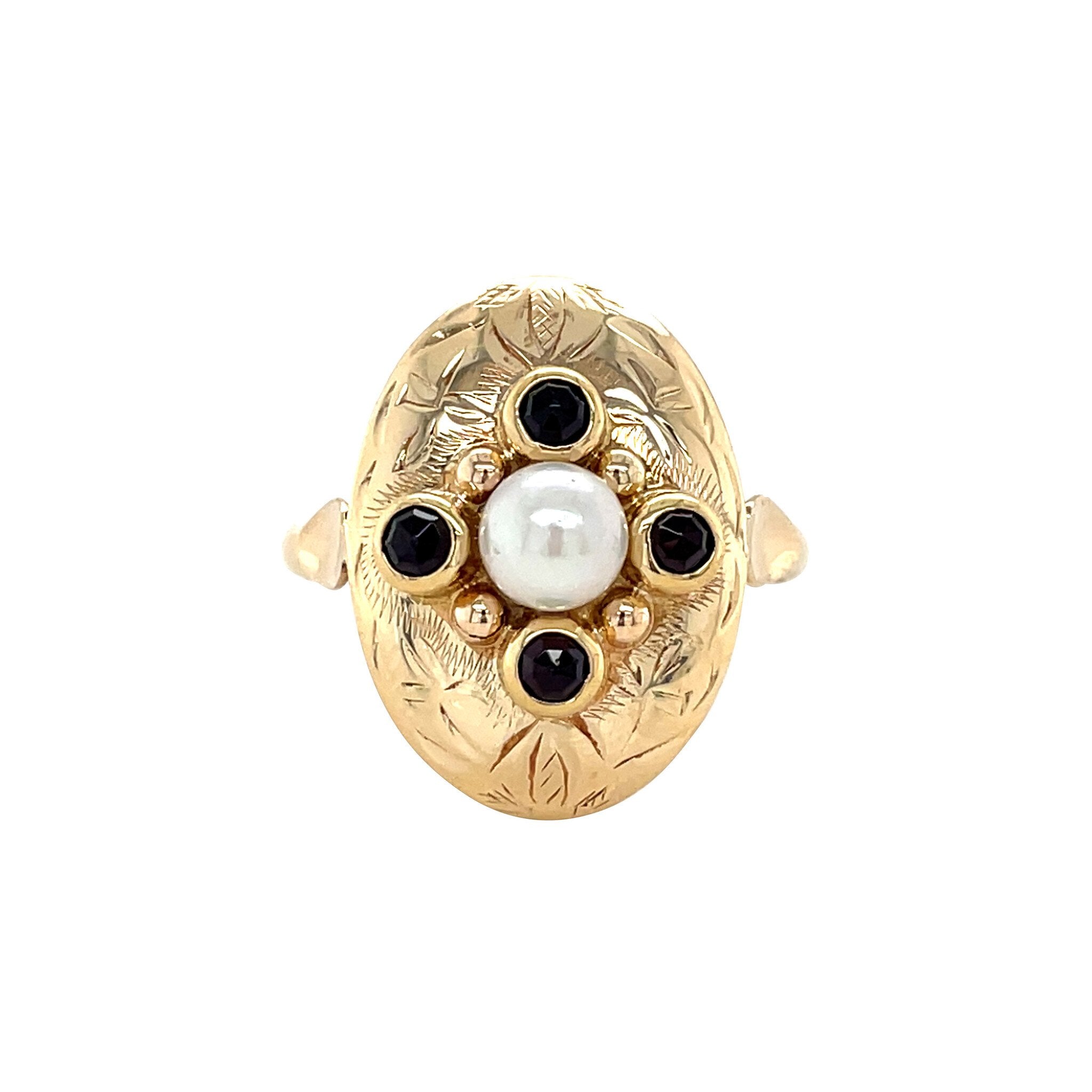 Vintage 14 kt gold cluster ring with pearl and garnet