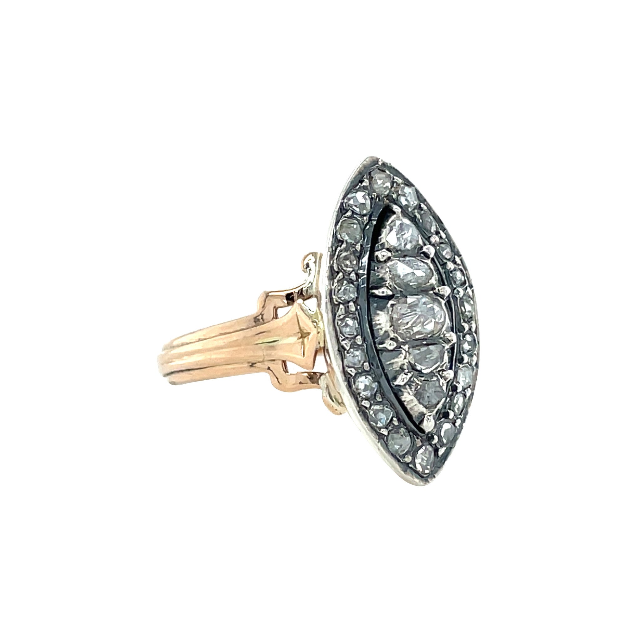 Vintage gold cluster ring with rose-cut diamond, 14 kt/925