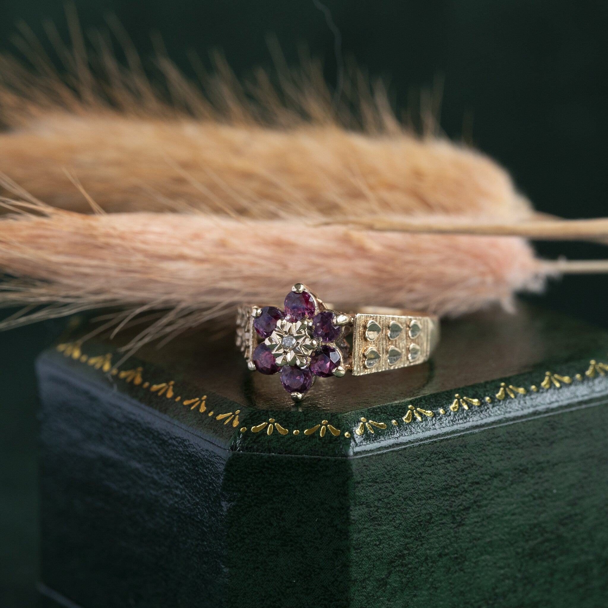 Bicolour entourage ring with diamond and ruby 9 krt