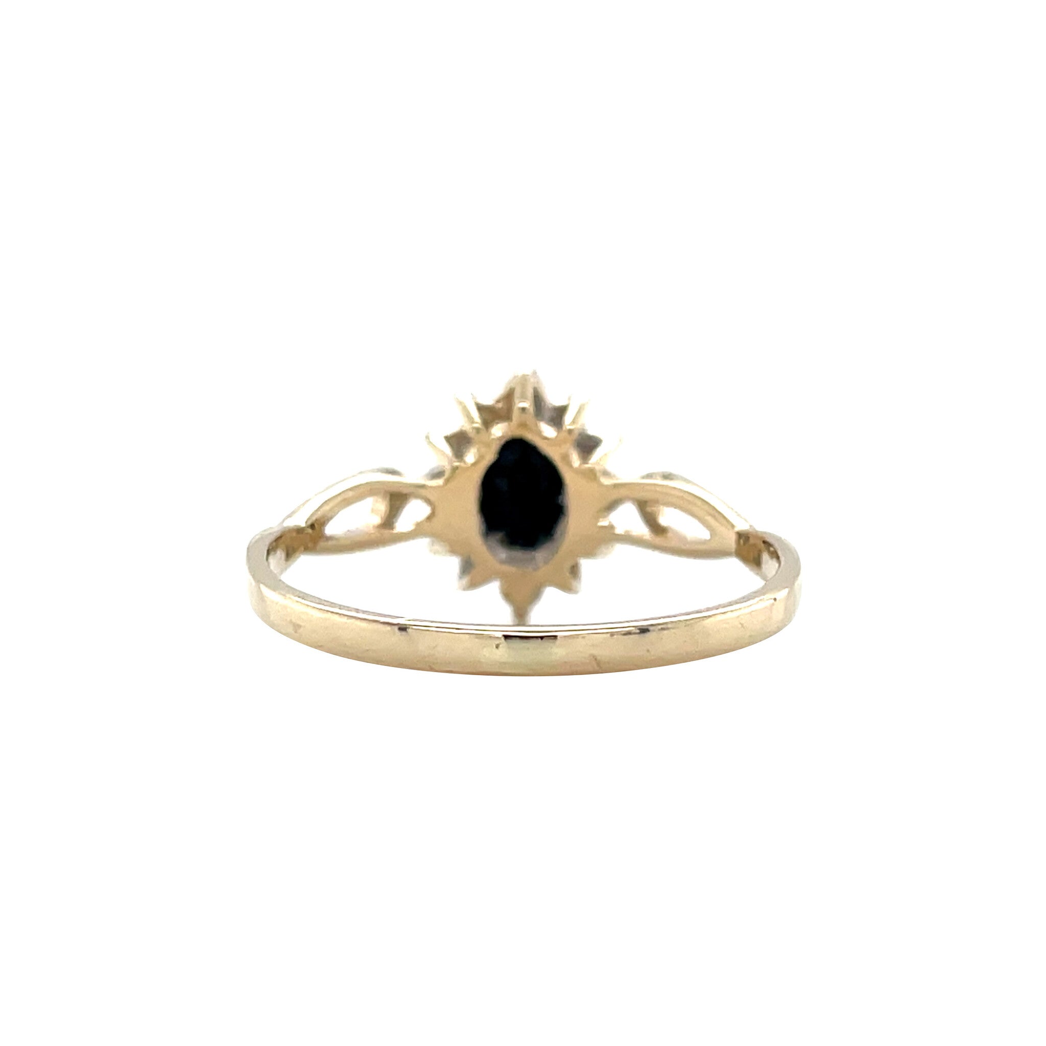 Gouden vintage entourage ring met saffier en diamant 14 krt