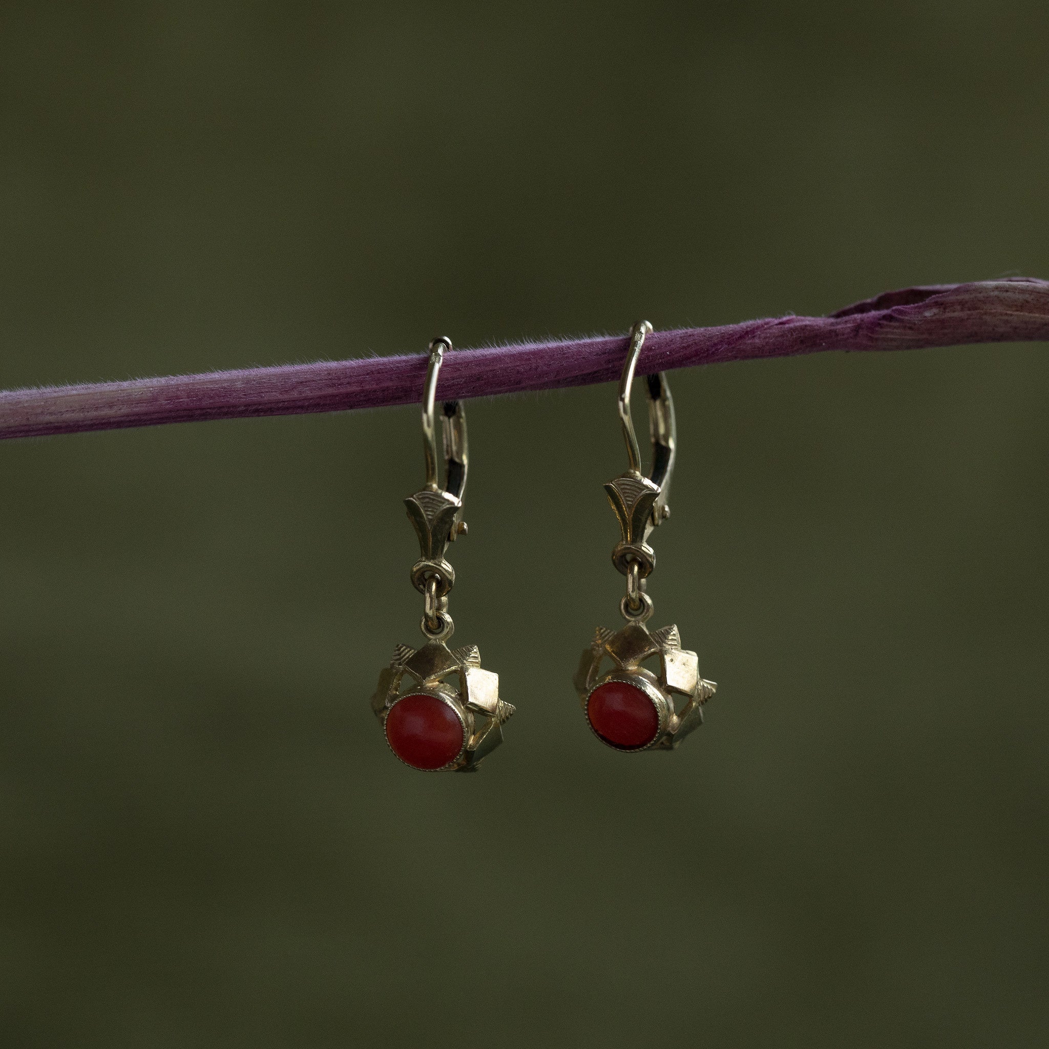14 kt gold earrings with blood coral