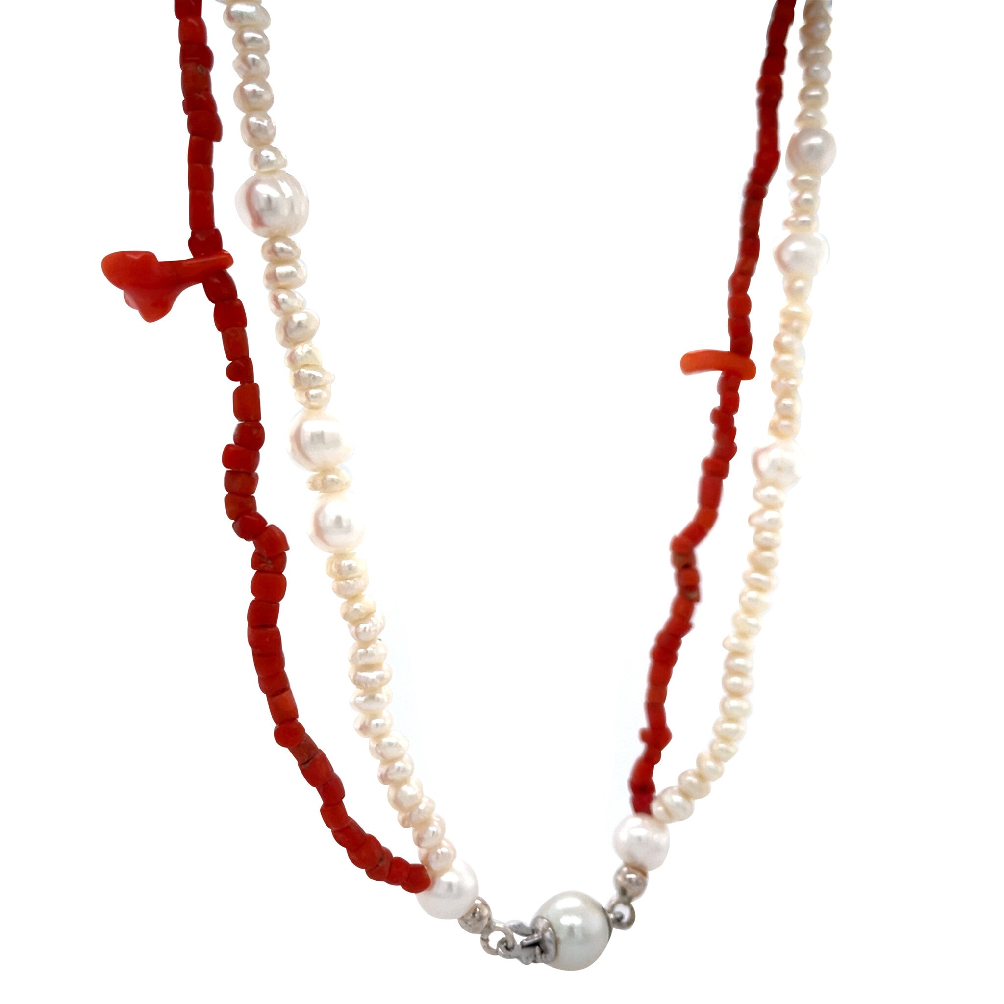 Vintage bloedkoraal en parel collier met zilveren sluiting 925